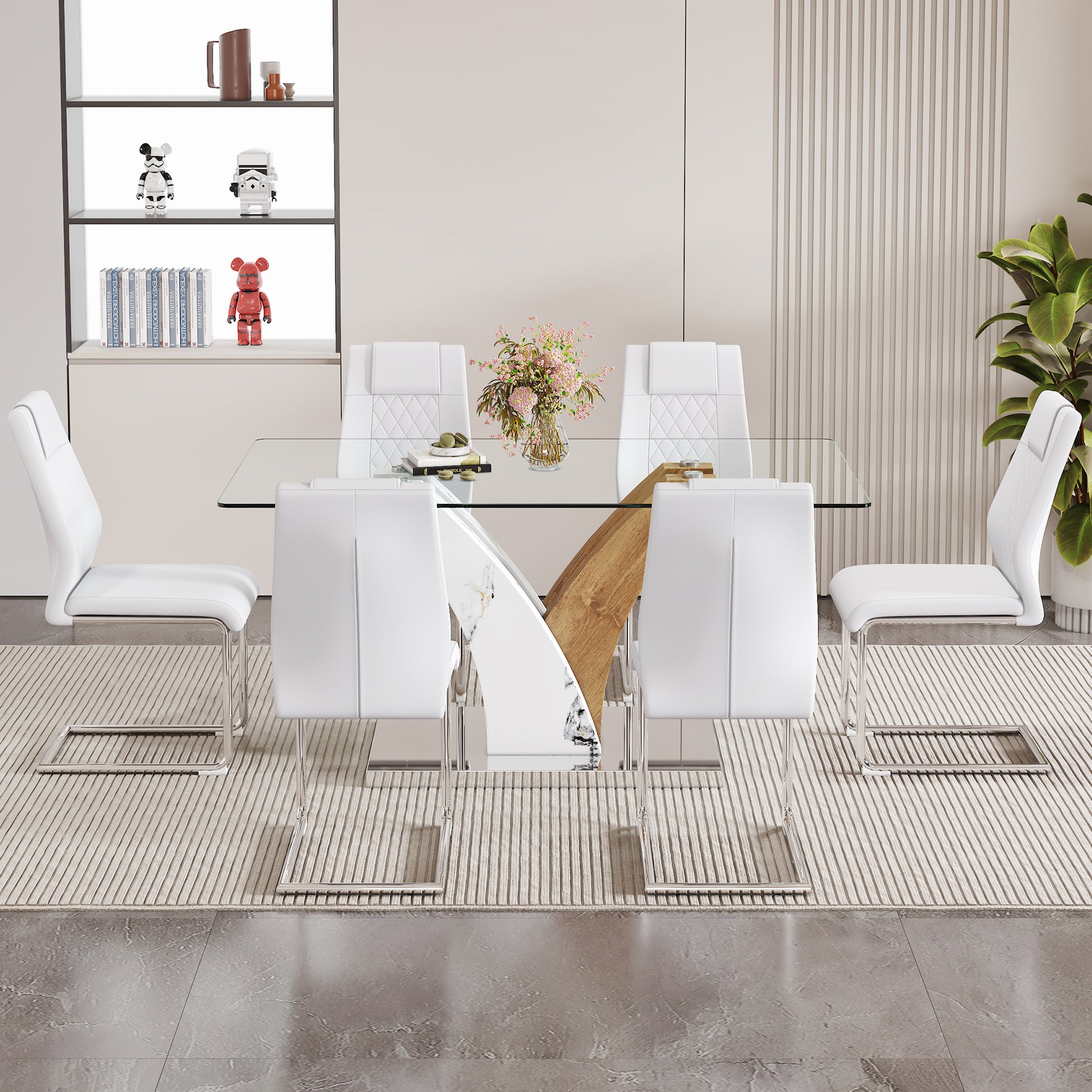 Table And Chair Set.Modern Dining Table, Tempered Glass Countertop With Artistic Mdf Legs.Paried With 6 Comfortable Chairs With Pu Seats And Metal Legs. Suitable For Various Decoration Styles. Transparent,White Seats 6 Mdf Glass