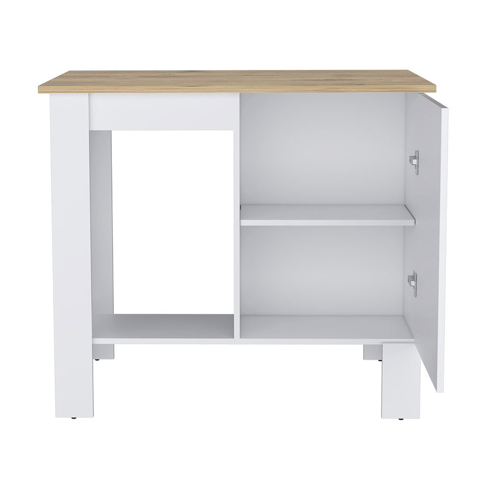 Kitchen Island 35" H, One Storage Cabinet With Door, Two Internal Shelves, One Open Storage Shelf, White Macadamia Multicolor Particle Board Particle Board