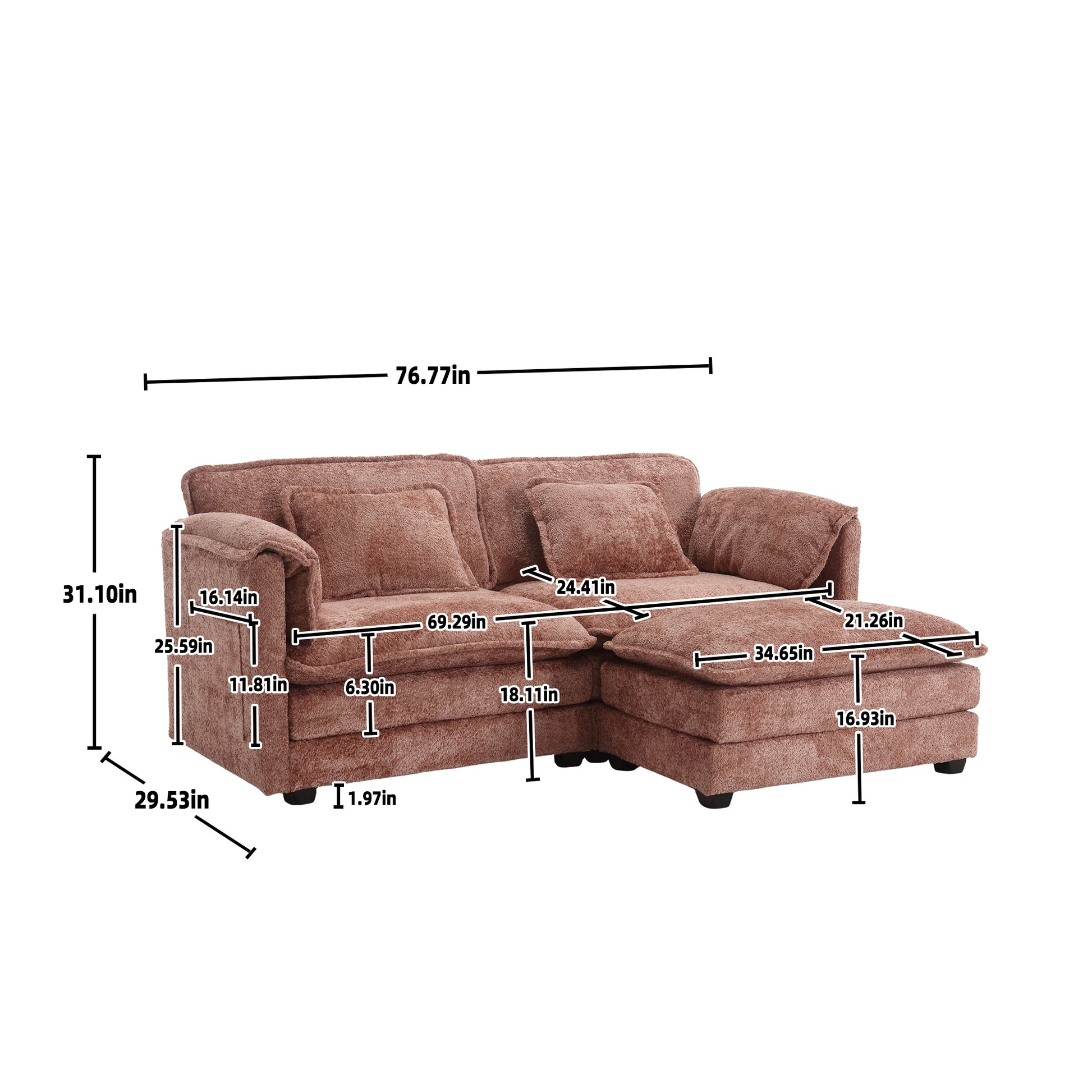 United We Win Chenille Fabric, Removable Armrests With Side Pockets, High Density Sponge Filling, Oversized Double Sofa With Footstool Pink Chenille 2 Seat