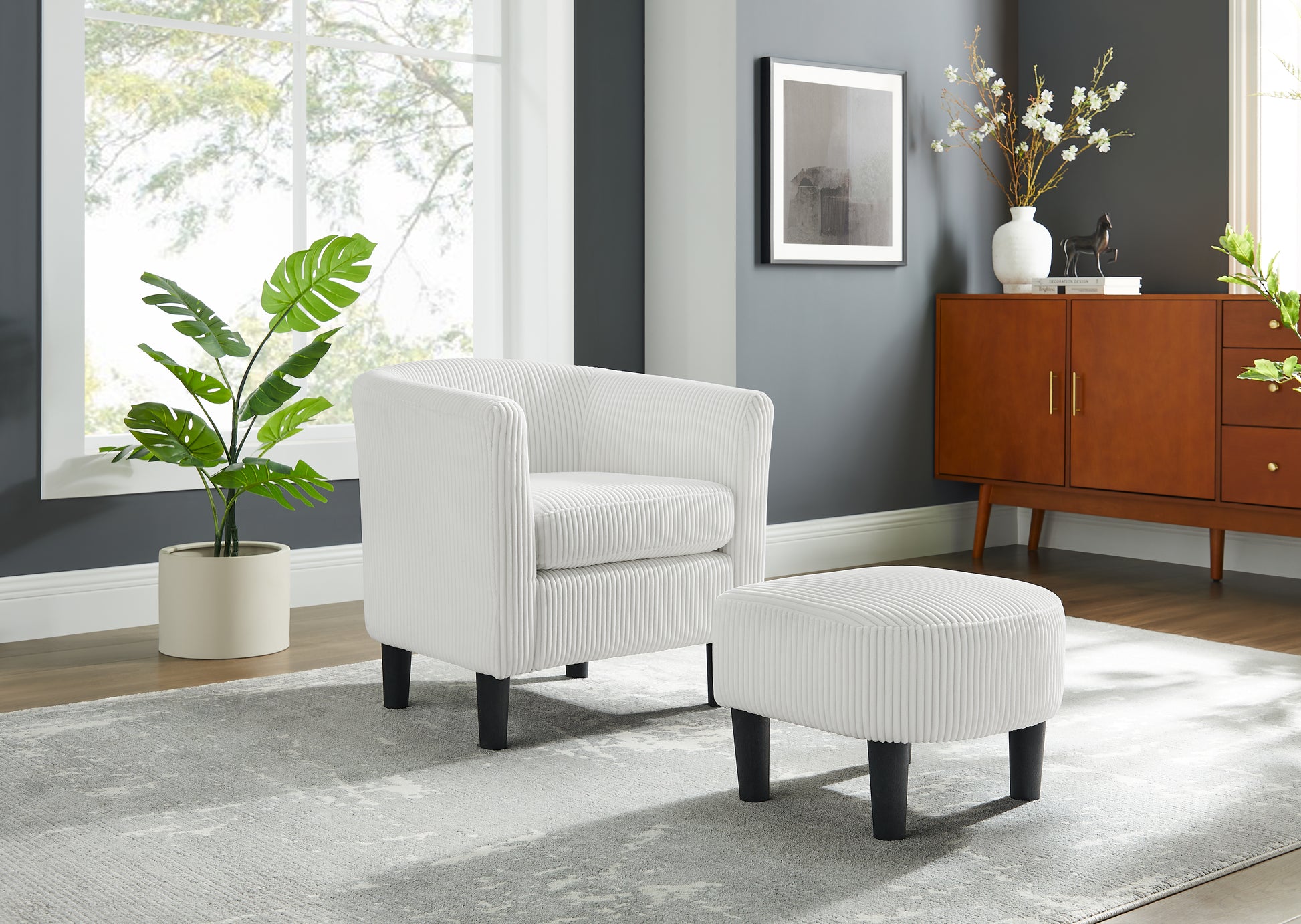 Modern Accent Chair,Upholstered Arm Chair Corduroy Single Sofa Chair With Ottoman Foot Rest Comfy Armchair For Living Room Bedroom And Office,White White Corduroy