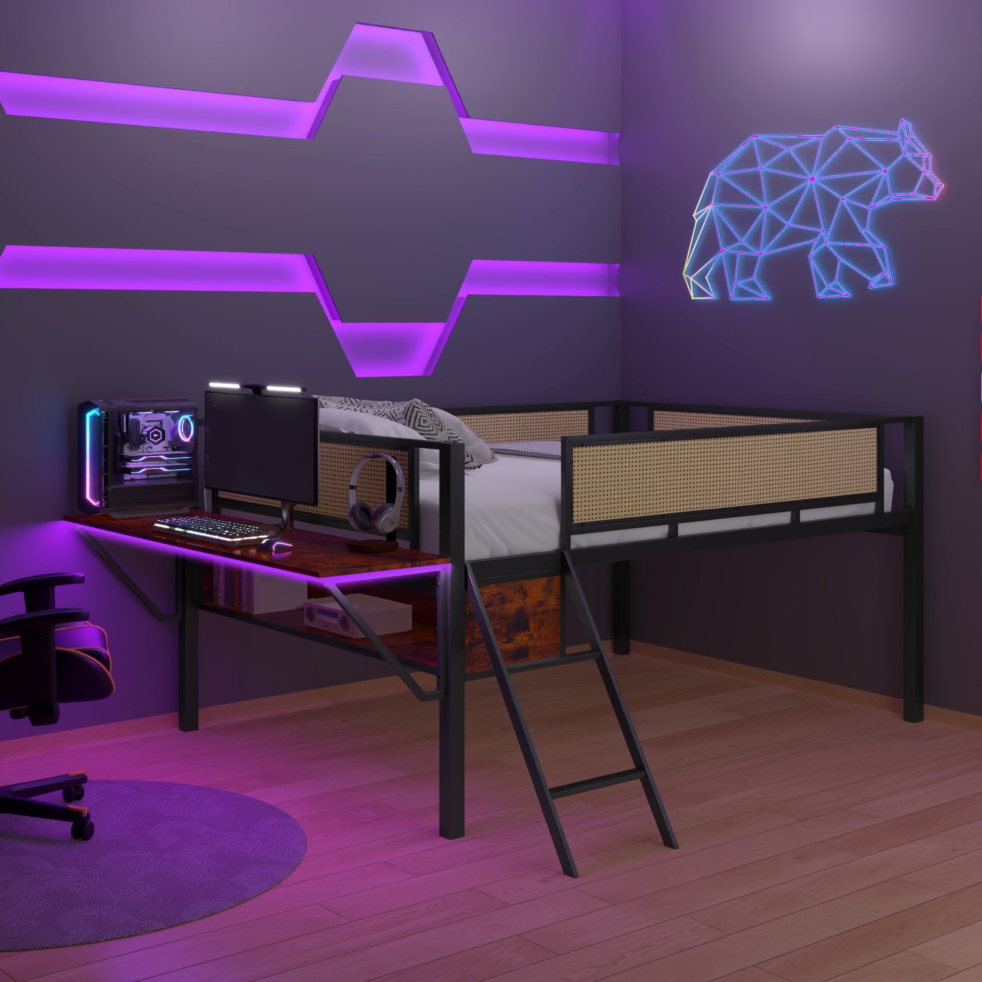 Single Metal Loft Bed With Rectangular Desk, Led Lights, Led Loft Bed Frame Double Bed With Storage Shelves And Hanging Storage Compartments, Safety Guard And Ladder, No Box Springs Required, Rattan G Full Black Brown Mdf Iron