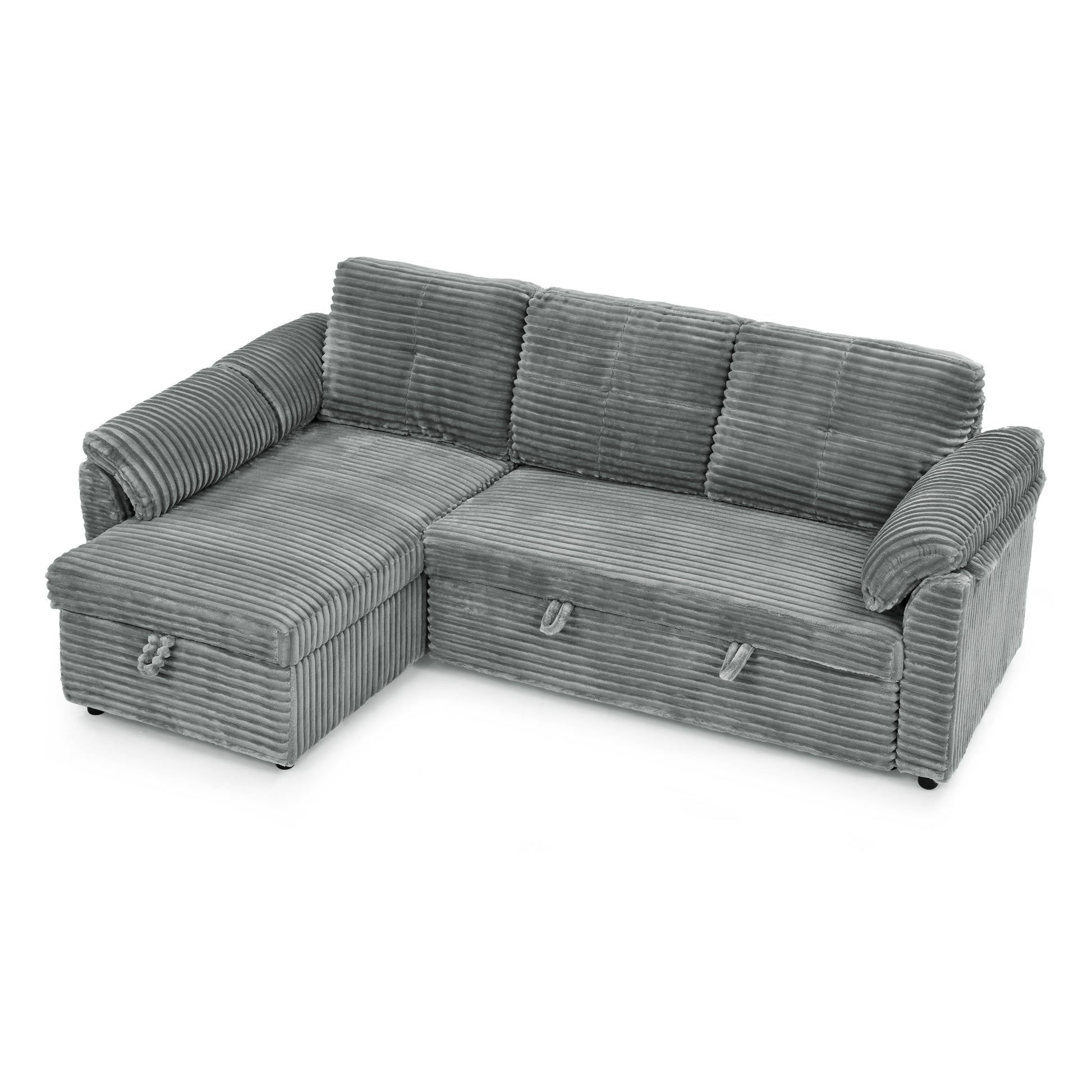 Corduroy Tufted Upholstered Sleeper Sectional Sofa, L Shaped Modular Convertible Sofa With Storage Chaise, Pull Out Sleep Couch Bed And Reclining Backrest Perfect For Living Space,Grey Full Grey Corduroy