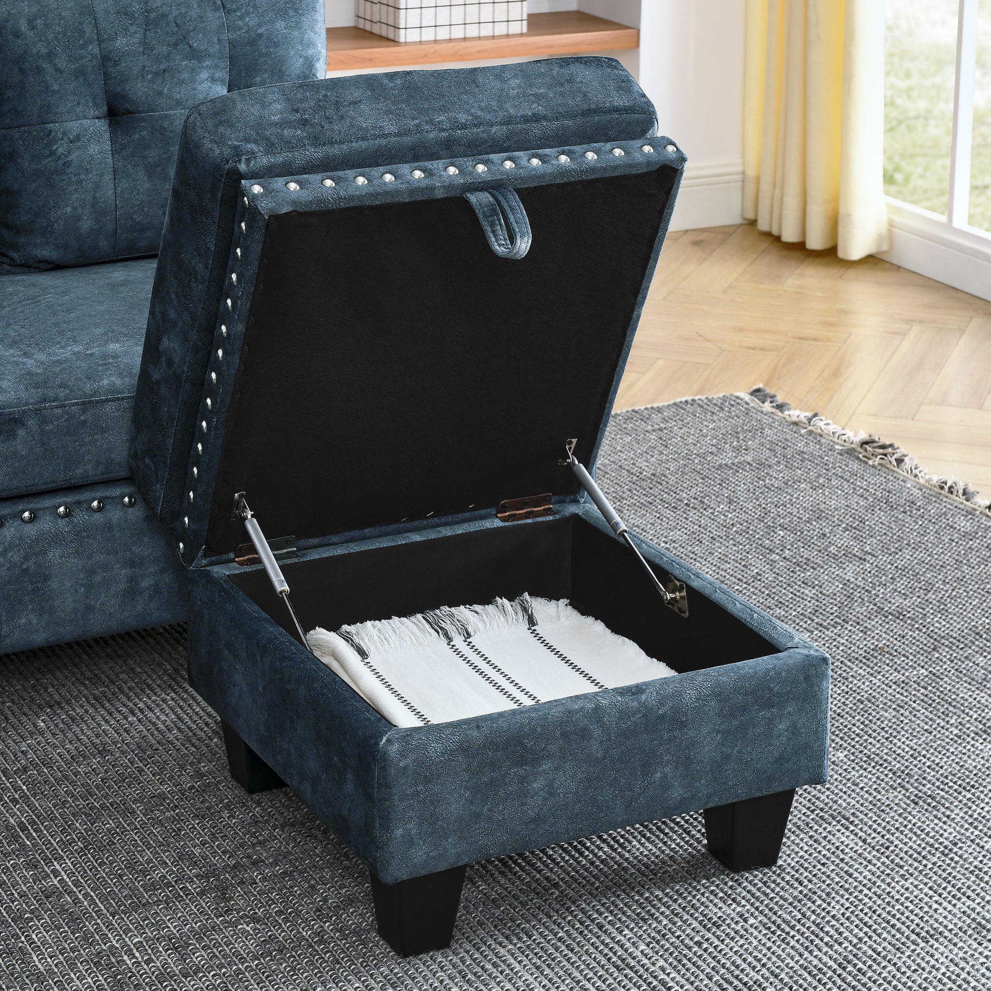 Sectional 3 Seaters Sofa ,Double Sided Multi Functional Footstool, Storage Matnon Slip Leg, Two Pillows, Velvet,Navy Blue Navy Blue Velvet 3 Seat