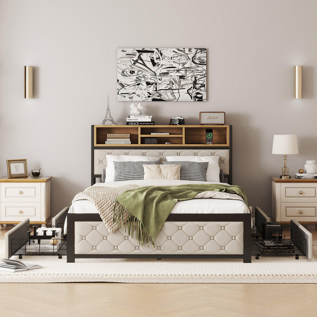 Metal Full Size Platform Bed With 4 Drawers, Upholstered Headboard And Footboard, Sockets And Usb Ports, Beige Full Beige Black Fabric Metal