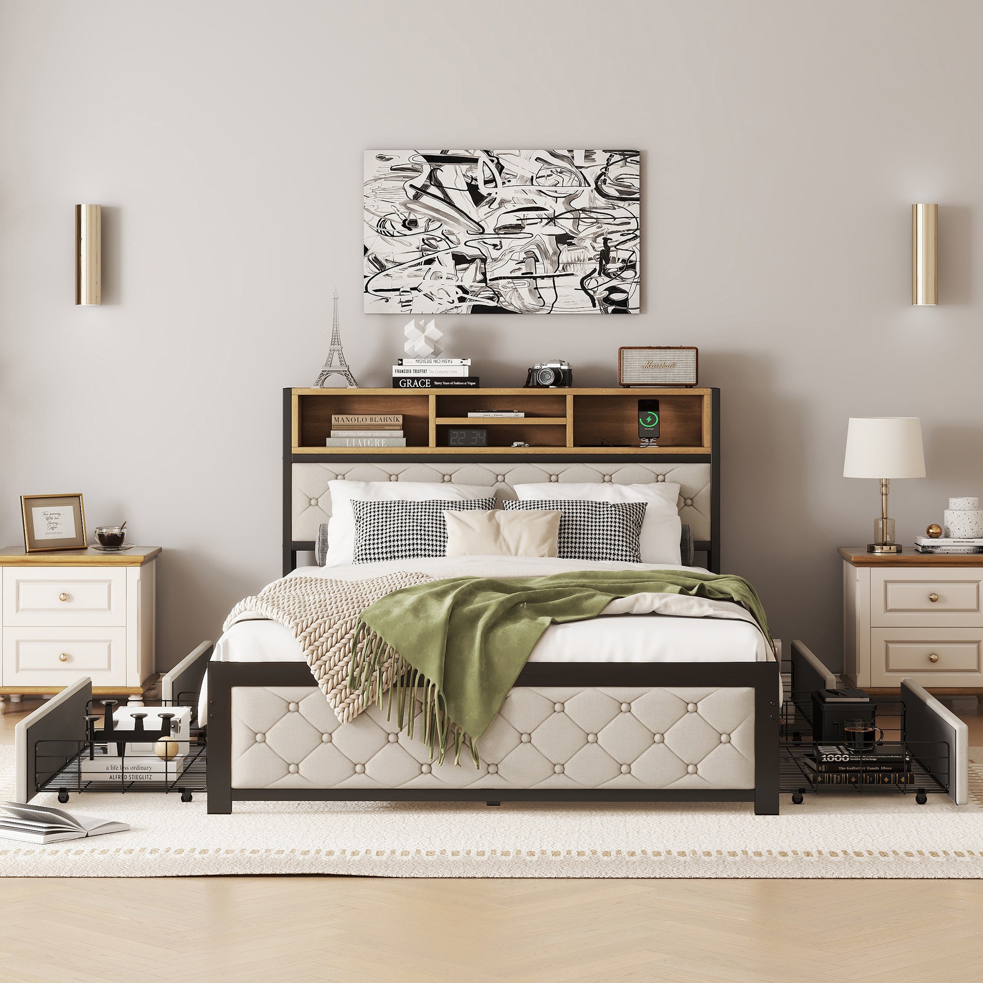 Metal Full Size Platform Bed With 4 Drawers, Upholstered Headboard And Footboard, Sockets And Usb Ports, Beige Full Beige Black Fabric Metal