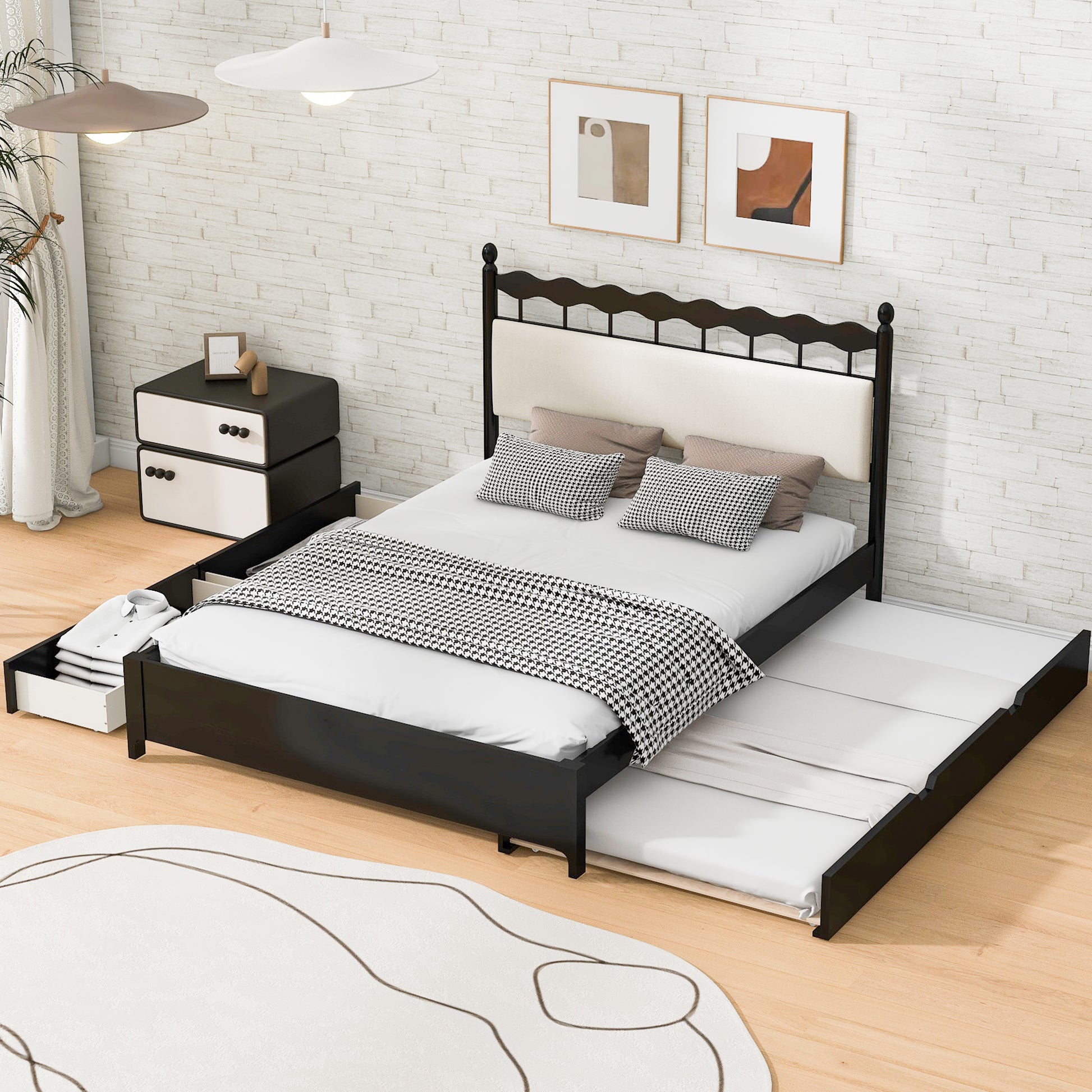 Queen Size Wooden Storage Platform Bed, With 2 Big Drawers, T Size Trundle ,Espresso Queen Espresso Plywood