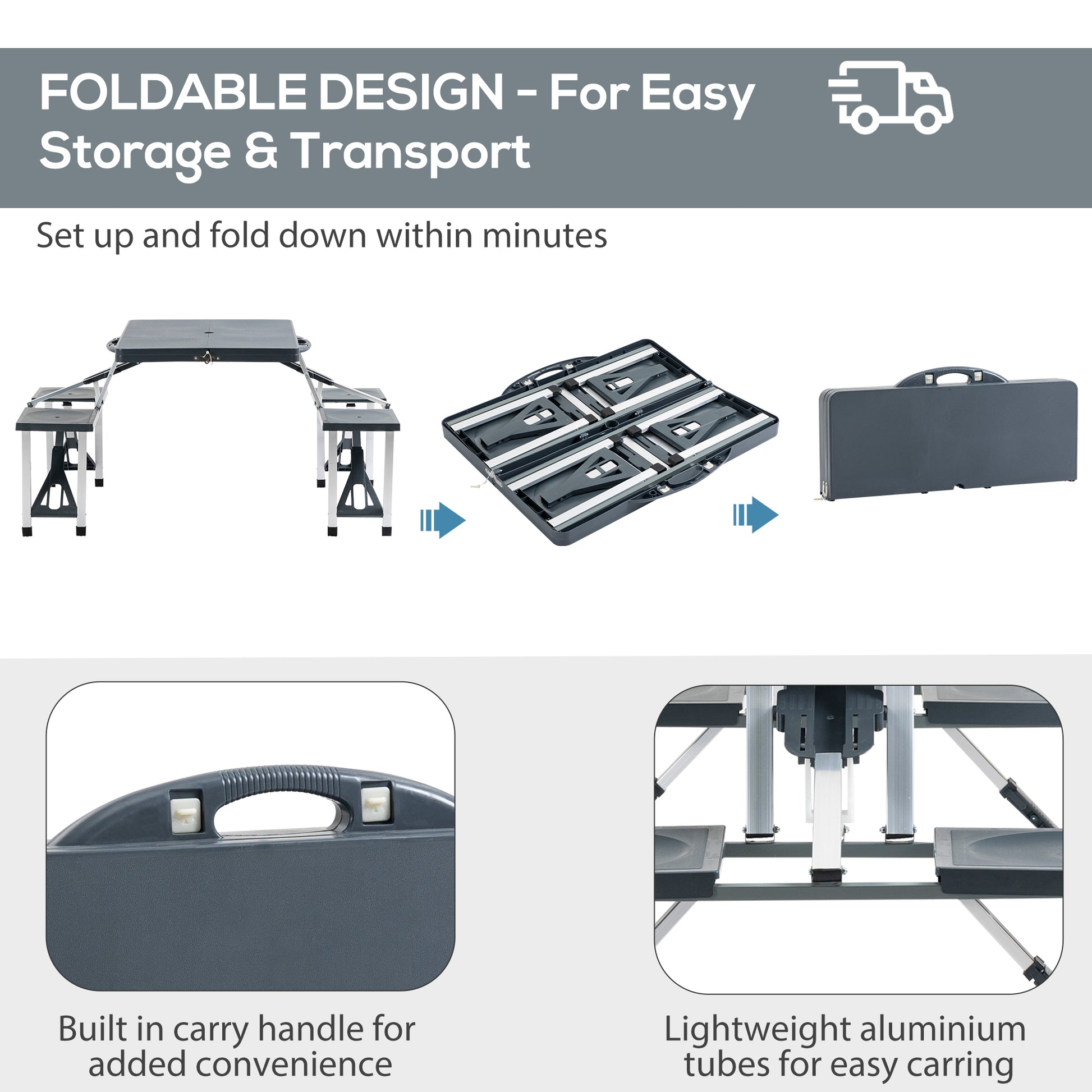 Outsunny Folding Picnic Table With Seats And Umbrella Hole, Portable Camping Chairs Set, 4 Seat, Aluminum Frame, Dark Gray Dark Grey Aluminum