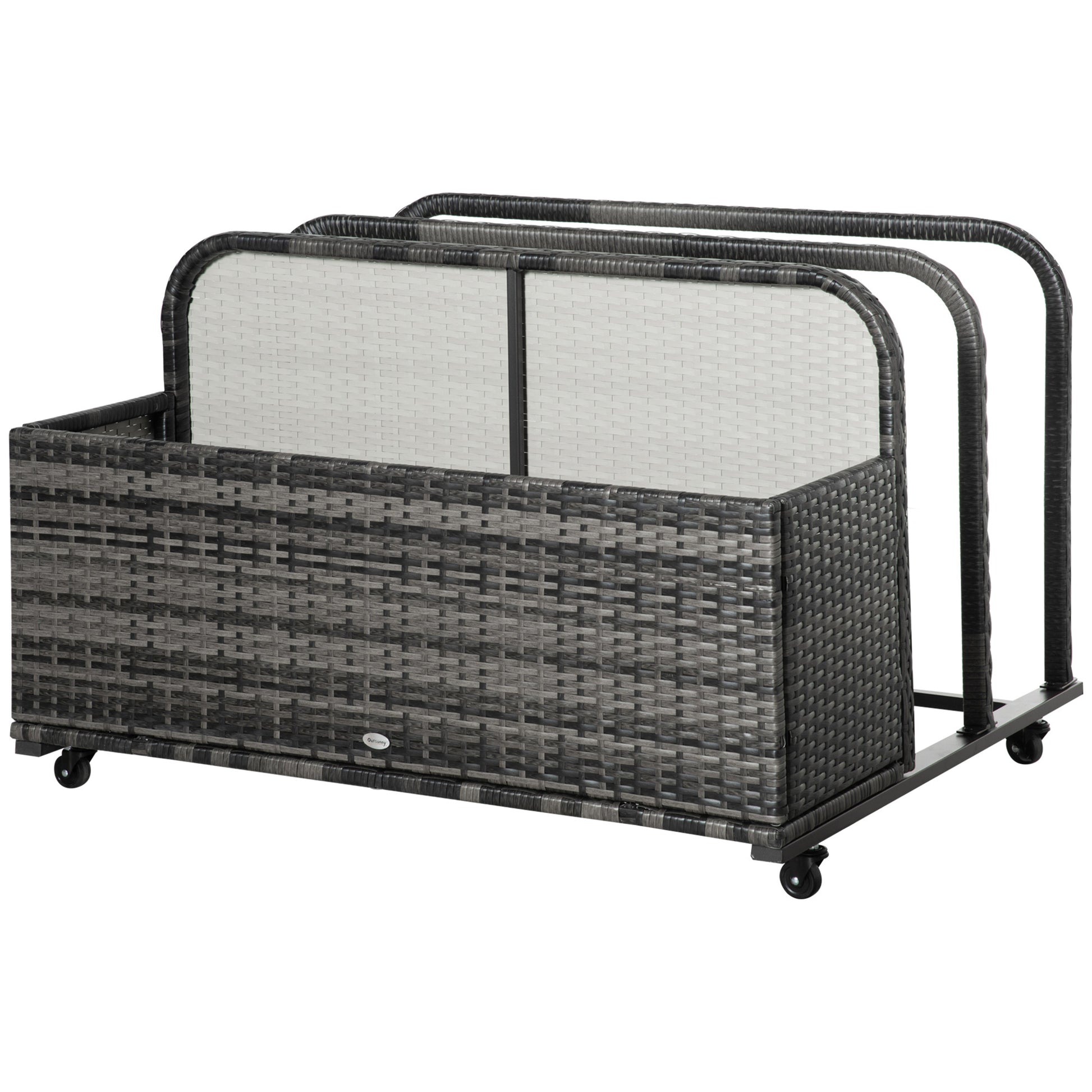Outsunny Wicker Patio Poolside Float Storage Basket, Pe Rattan Outdoor Pool Caddy With Rolling Wheels For Floaties, Noodles, Life Vests, Beach Balls, Toys, Grey Gray Steel