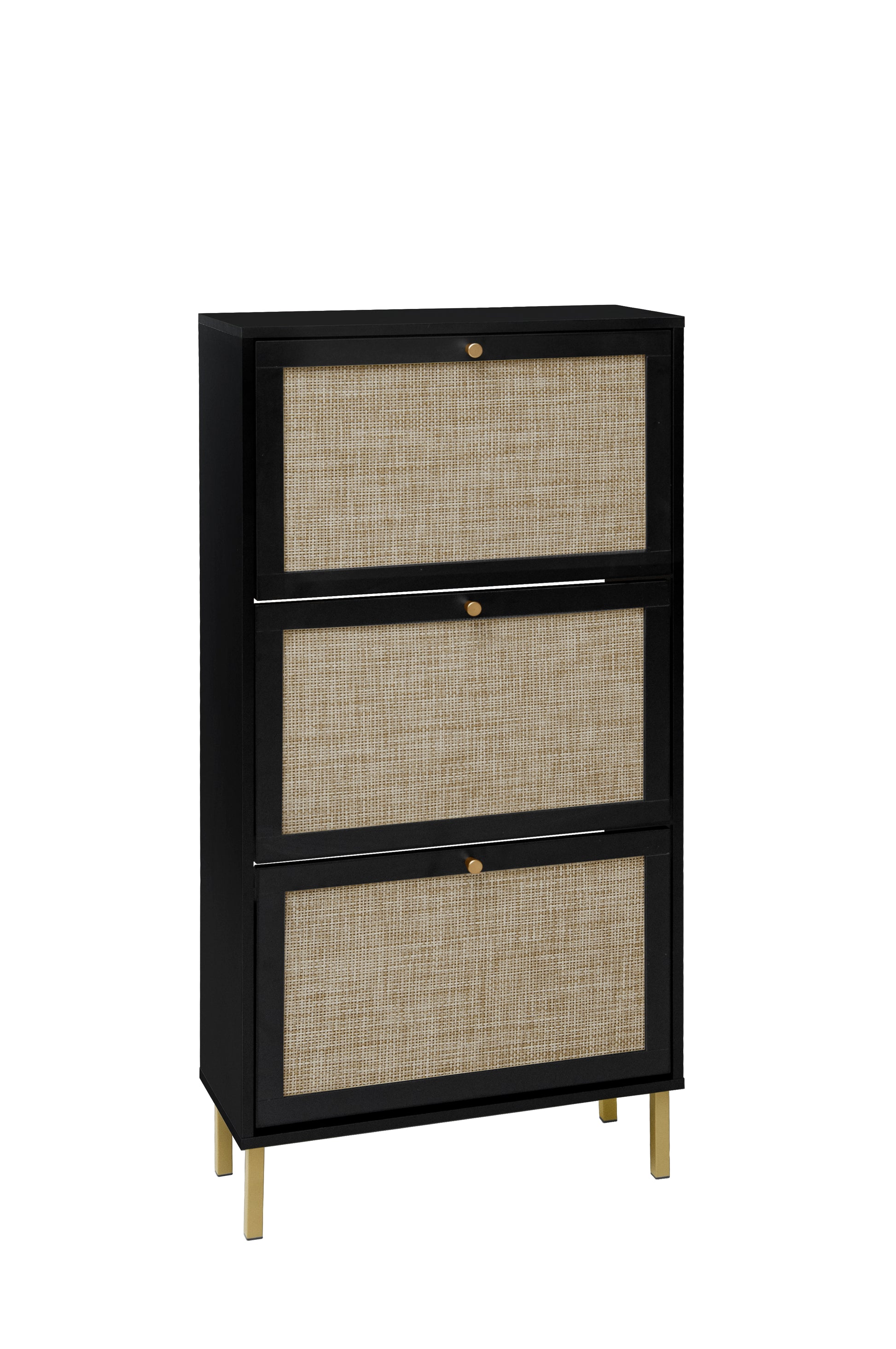 Rattan 3 Door Shoe Rack, Freestanding Modern Shoe Storage Cabinet, For Entryway Black Particle Board