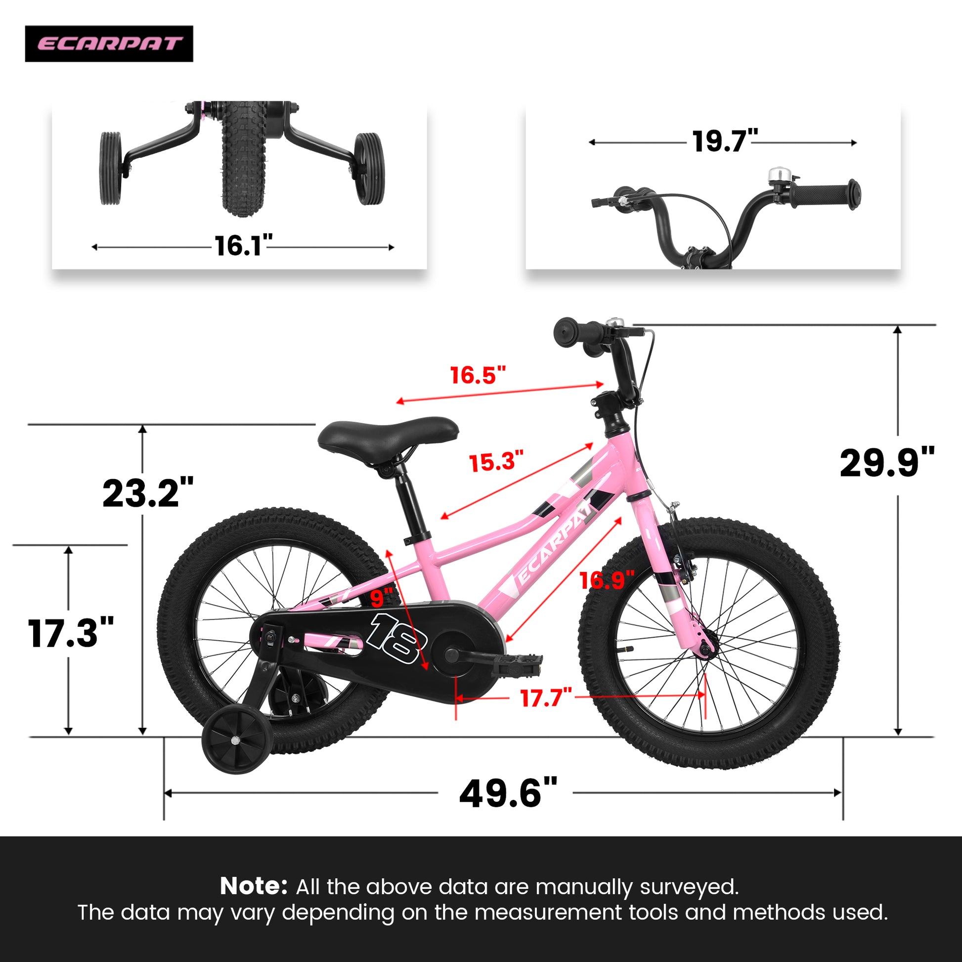 A18117 Ecarpat Kids' Bike 18 Inch Wheels, 1 Speed Boys Girls Child Bicycles For 3 5Years, With Removable Training Wheels Baby Toys, Front V Brake, Rear Holding Brake Pink Cute Polyurethane Foam 3 To 4 Years Carbon Steel Outdoor