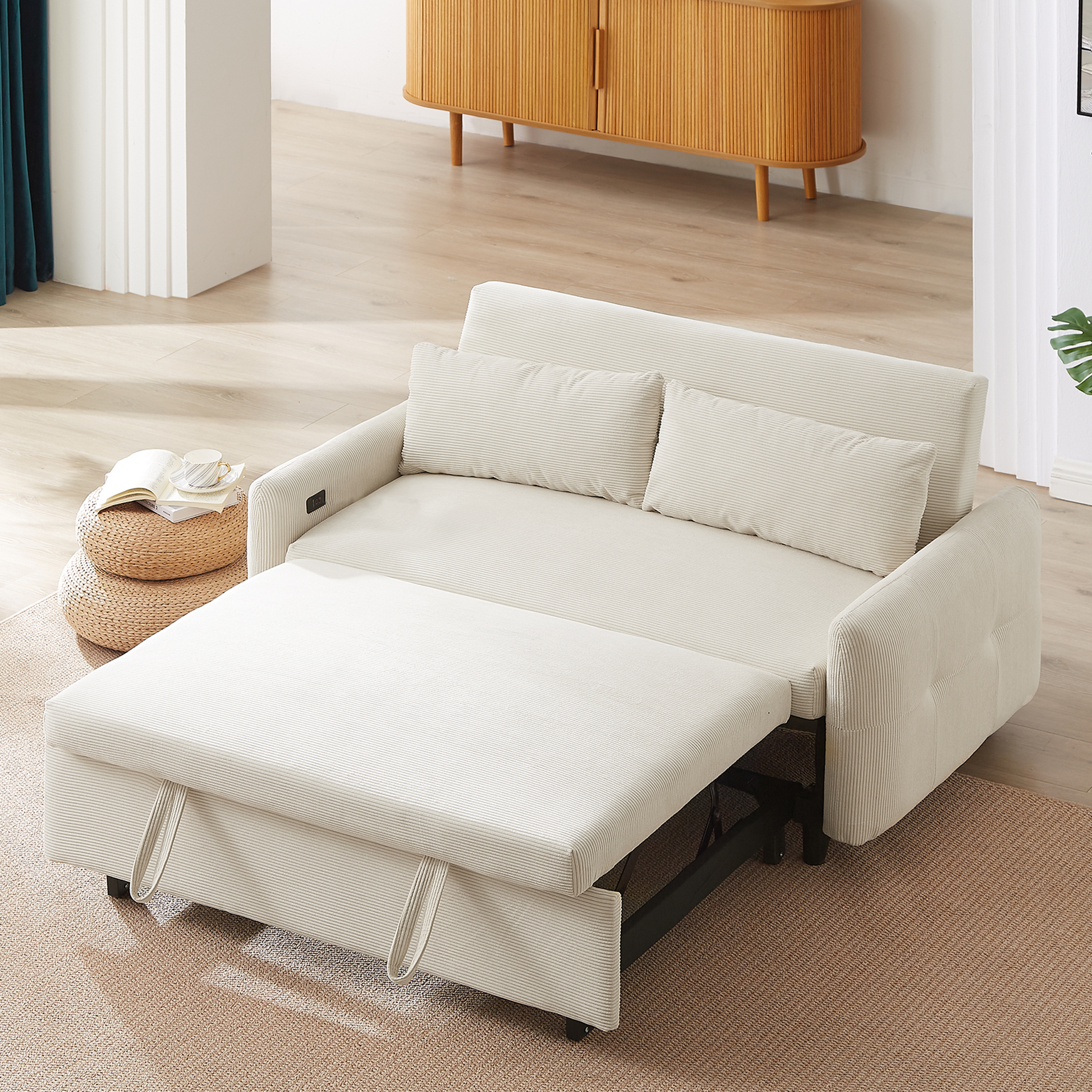 57.48" Pull Out Sofa Bed Convertible Couch 2 Seat Loveseat Sofa Modern Sleeper Sofa With Two Throw Pillows And Usb Ports For Living Room, Beige Old Sku:Wf317760Aaa Beige Foam Corduroy 2 Seat