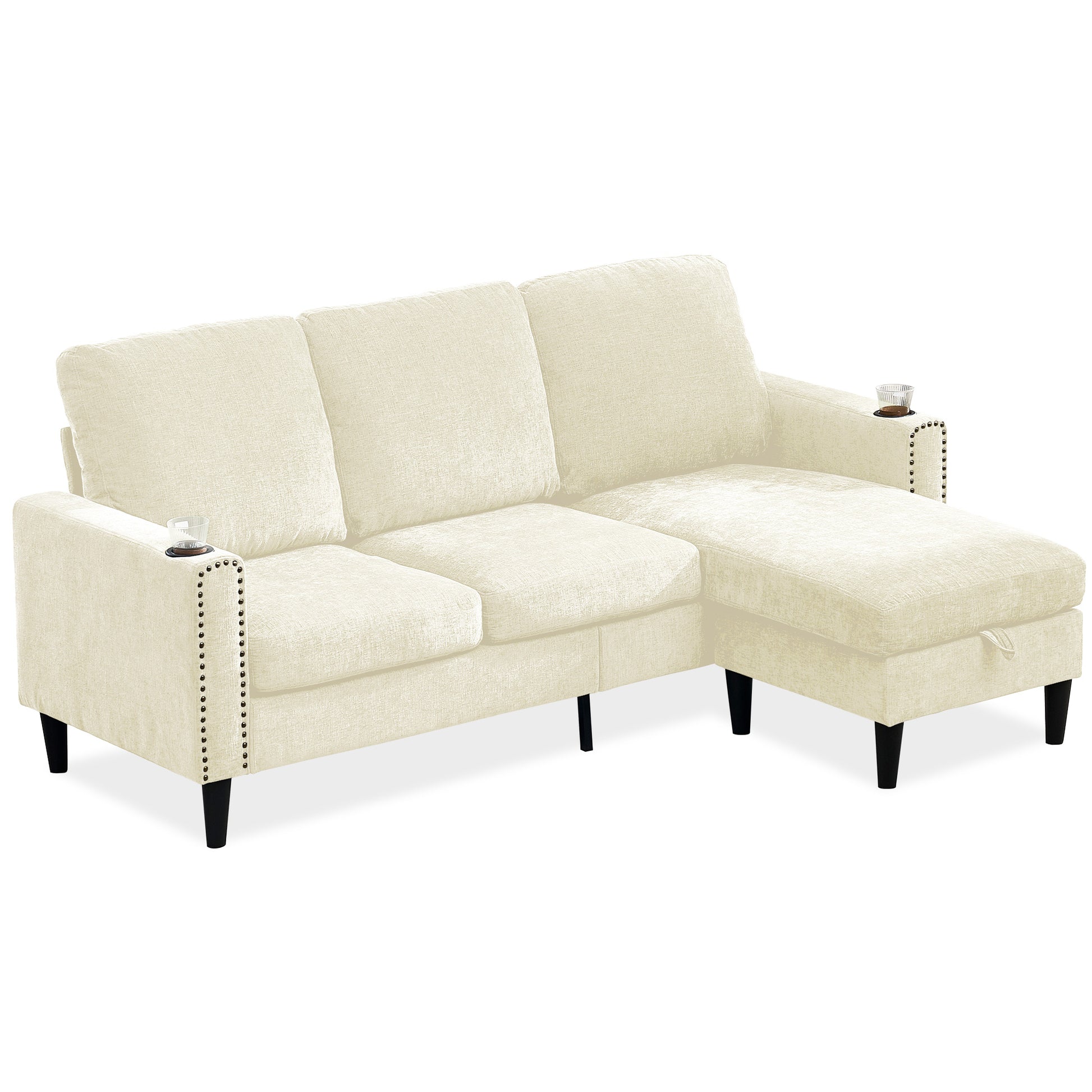 Modern Design Chenille 3 Seat L Shape Sectional Sofa With Storage Chaise For Apartment, Studio, Office,Living Room,L Shape Off White Off White Chenille Metal Primary Living Space Soft Modern Foam