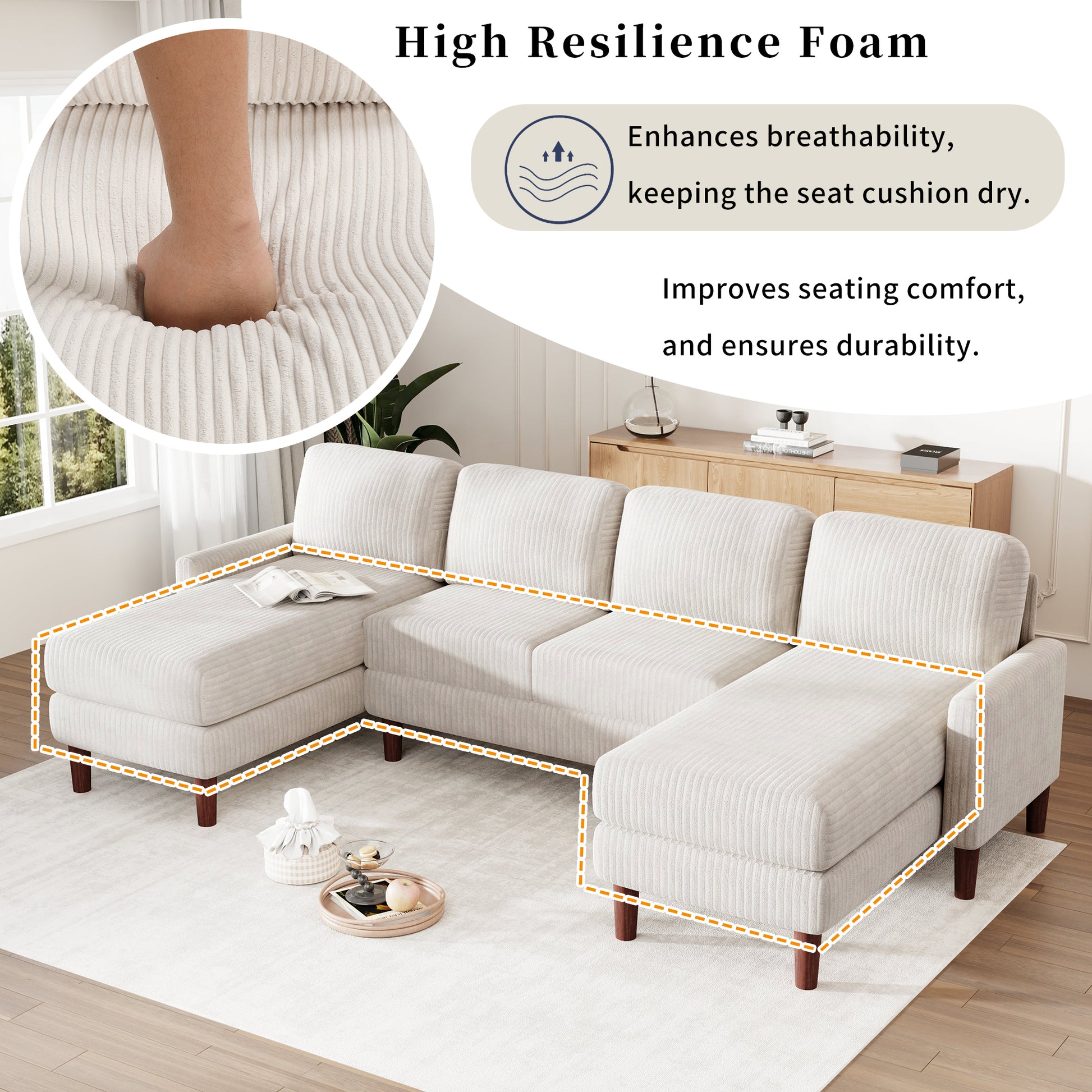 U Shaped Sponge Filled Cushion Combination Sofa, Suitable For Living Rooms, Studies, And Spacious Spaces Beige Polyester 4 Seat