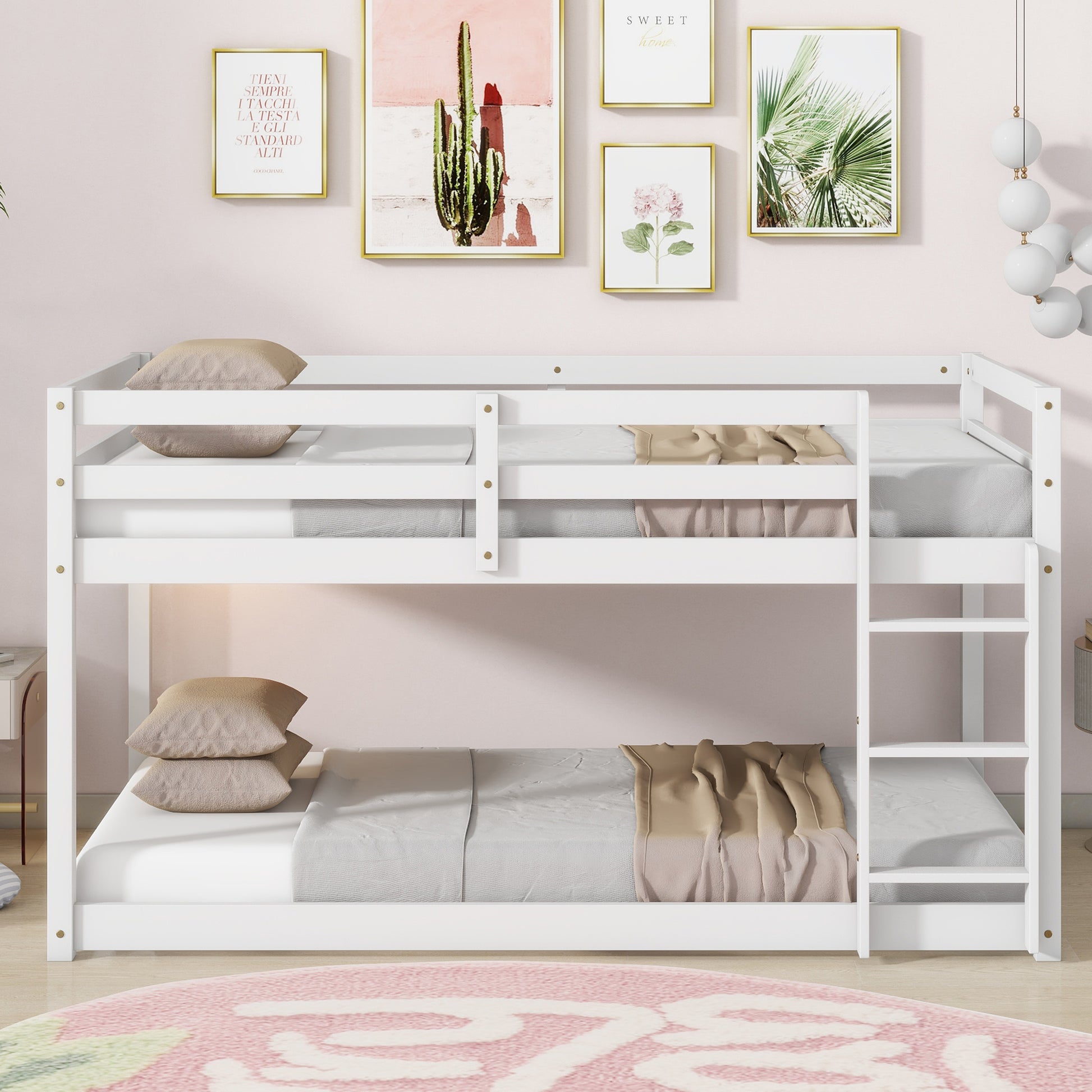 Solid Wooden, Solid Rubber Wooden Twin Over Twin Loft Bed With Ladder, With Bed Platform Of Strengthened Slats,White Twin White Rubber Wood