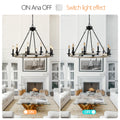 Rustic Farmhouse 10 Light Candle Chandelier, Black Metal And Wood Round Hanging Light Fixture For Dining Room, Kitchen, Living Room, Adjustable Height, E12 Bulb Base No Bulbs Matte Black,White Oak