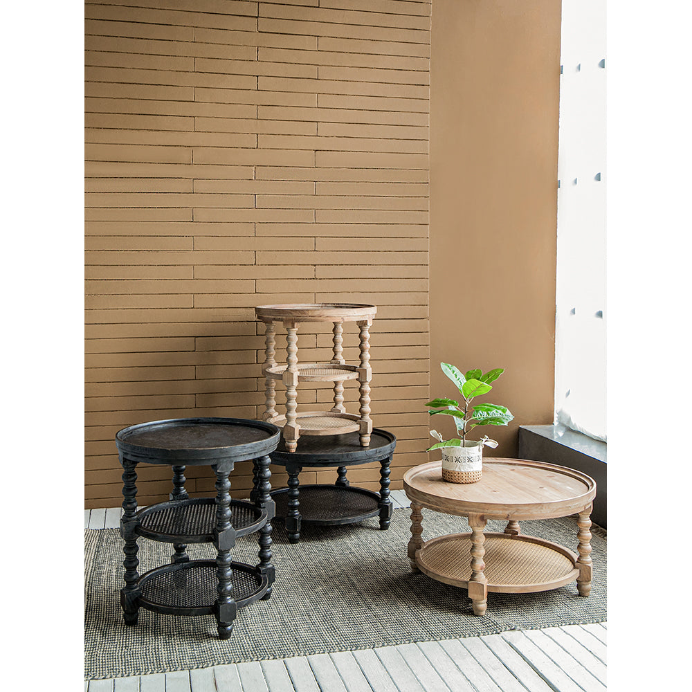 D23.5 X 25" Round Three Tiered Side Table With Rattan Shelf, Black Black Wood