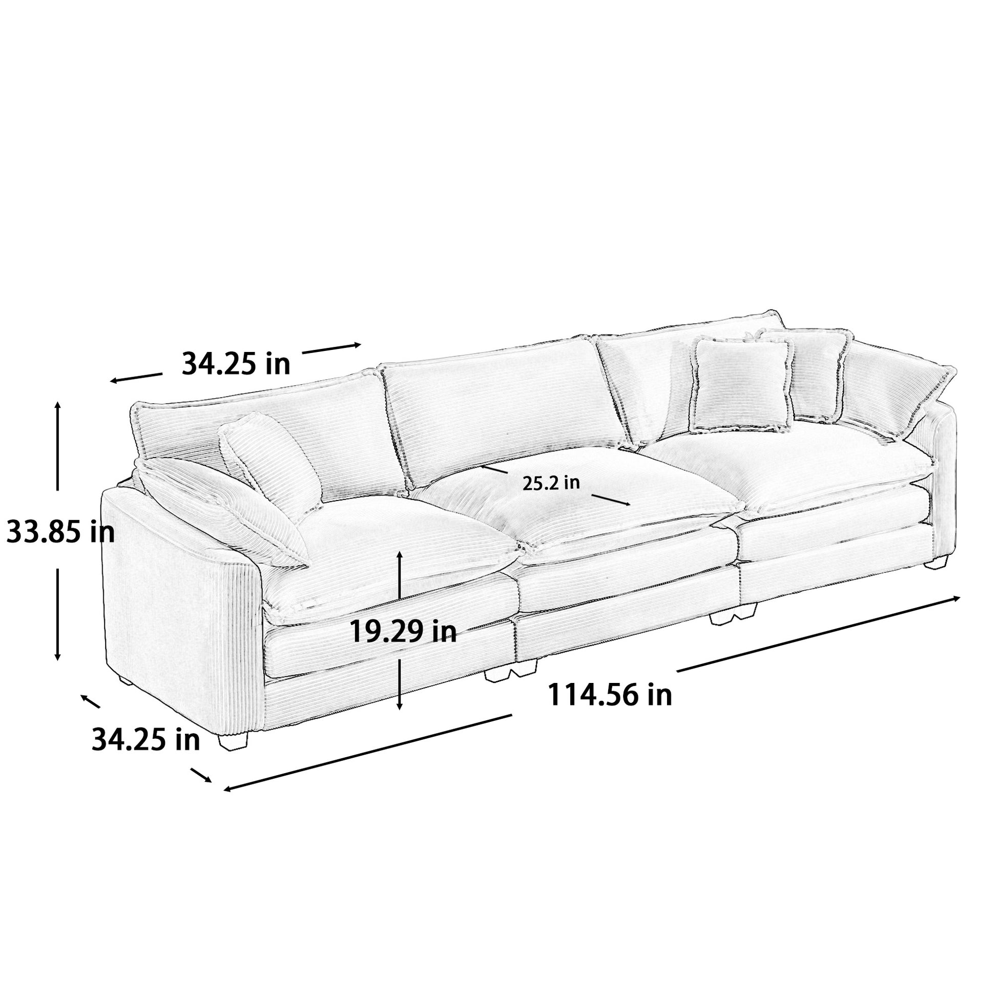 Mid Century Modern Sectional Sofa 3 Seater Sectional Sofa With 2 Arm Pillows And 3 Pillows, Living Room Sectional Tan Corduroy Fabric Tan Corduroy 3 Seat