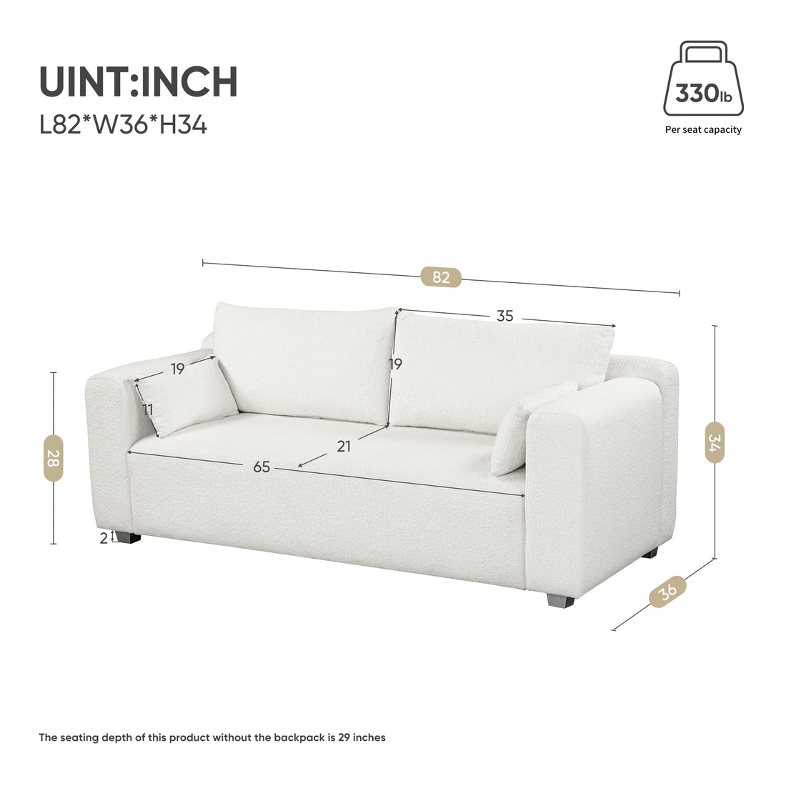 82*36" Modern Loop Yarn Fabric Sofa, One Piece Seat Frame, Minimalist 2 3 Seat Couch Easy To Install, Loveseats With Extra Wide Domed Arms For Living Room, Bedroom, Apartment, Office 2 Pillows White Fabric