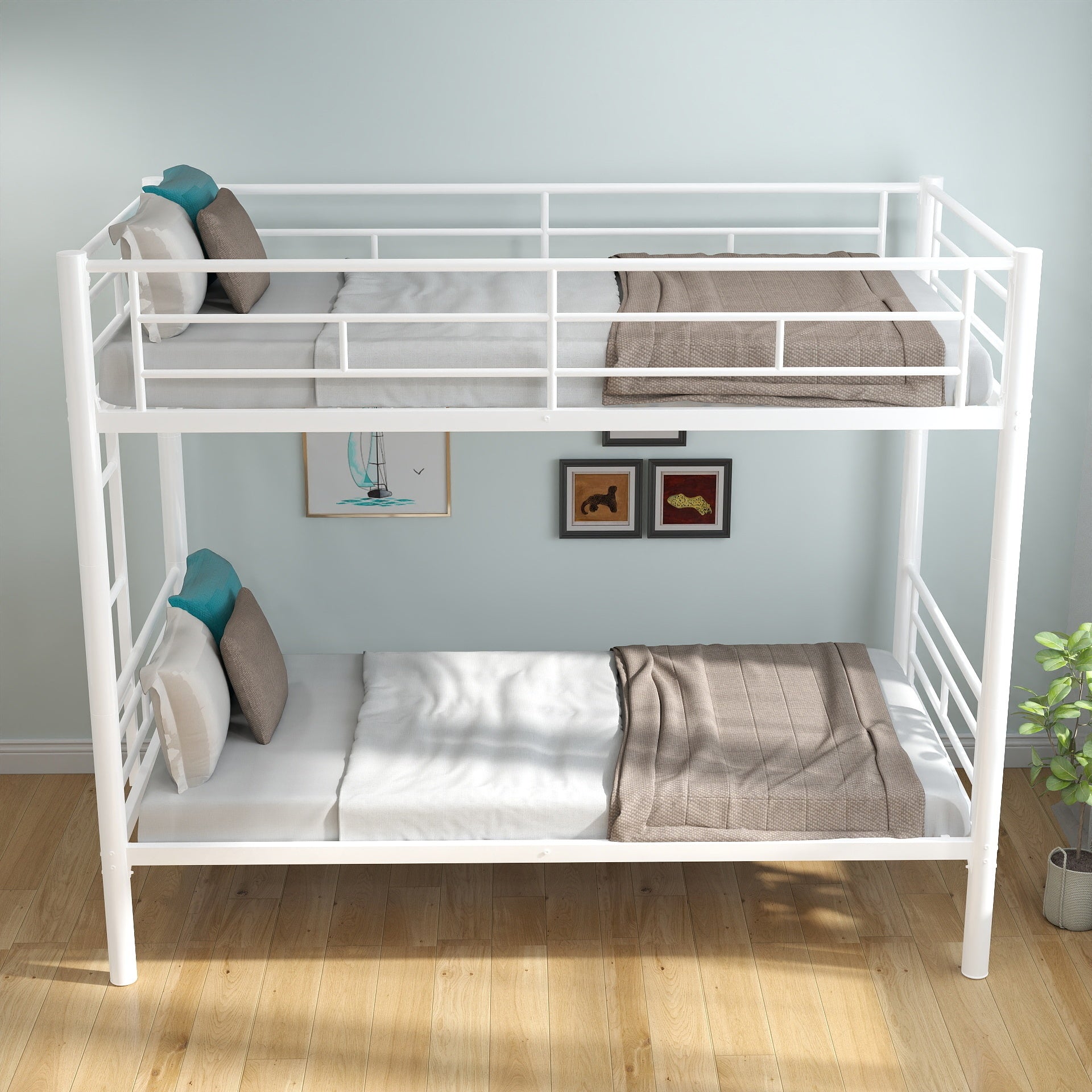 Bunk Bed Twin Over Twin Size With Ladder And High Guardrail, Able To Split, Metal Bunk Bed, Storage Space, Noise Free,White Box Spring Not Required Twin White Metal Metal