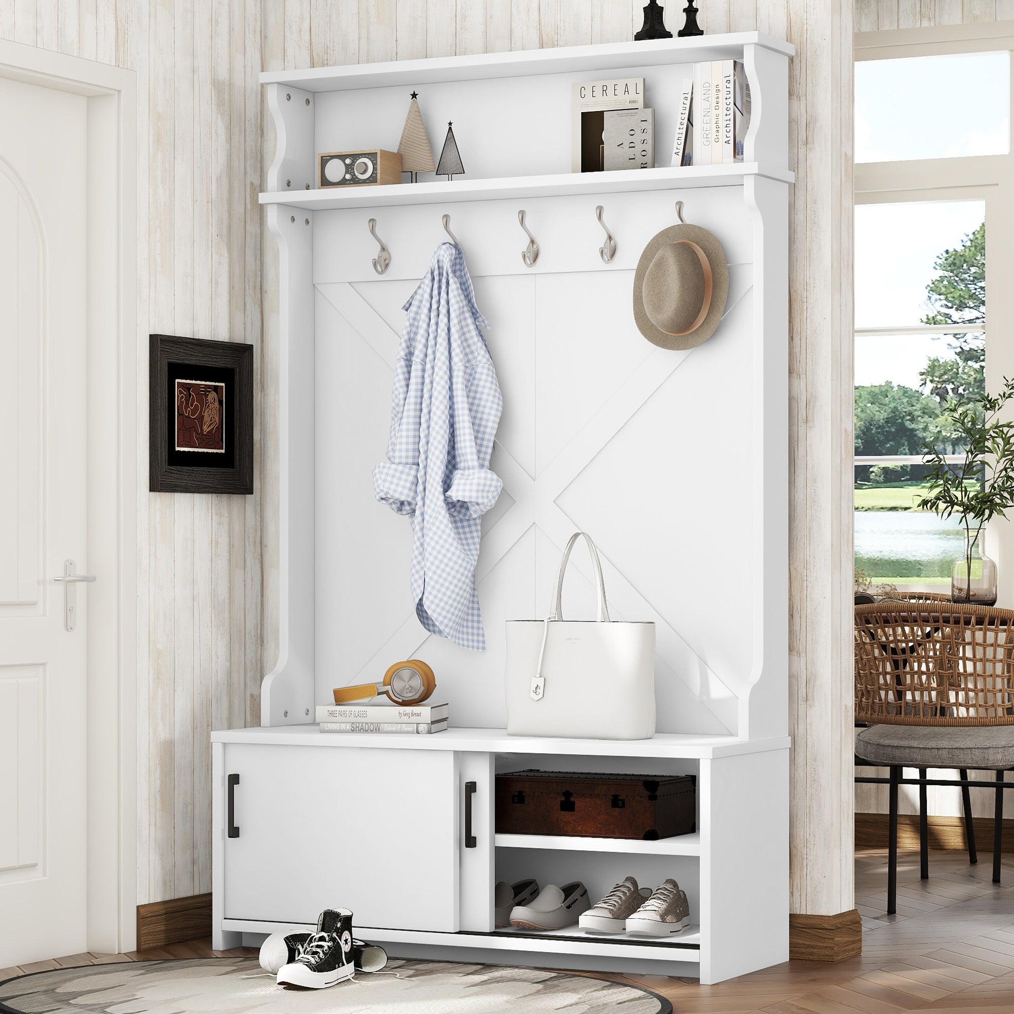 Hall Tree With Top Shelf And Storage Bench, Hallway Shoe Cabinet With Sliding Doors, Coat Rack With 5 Hanging Hooks For Entryways Hallways,White Off White Particle Board Mdf