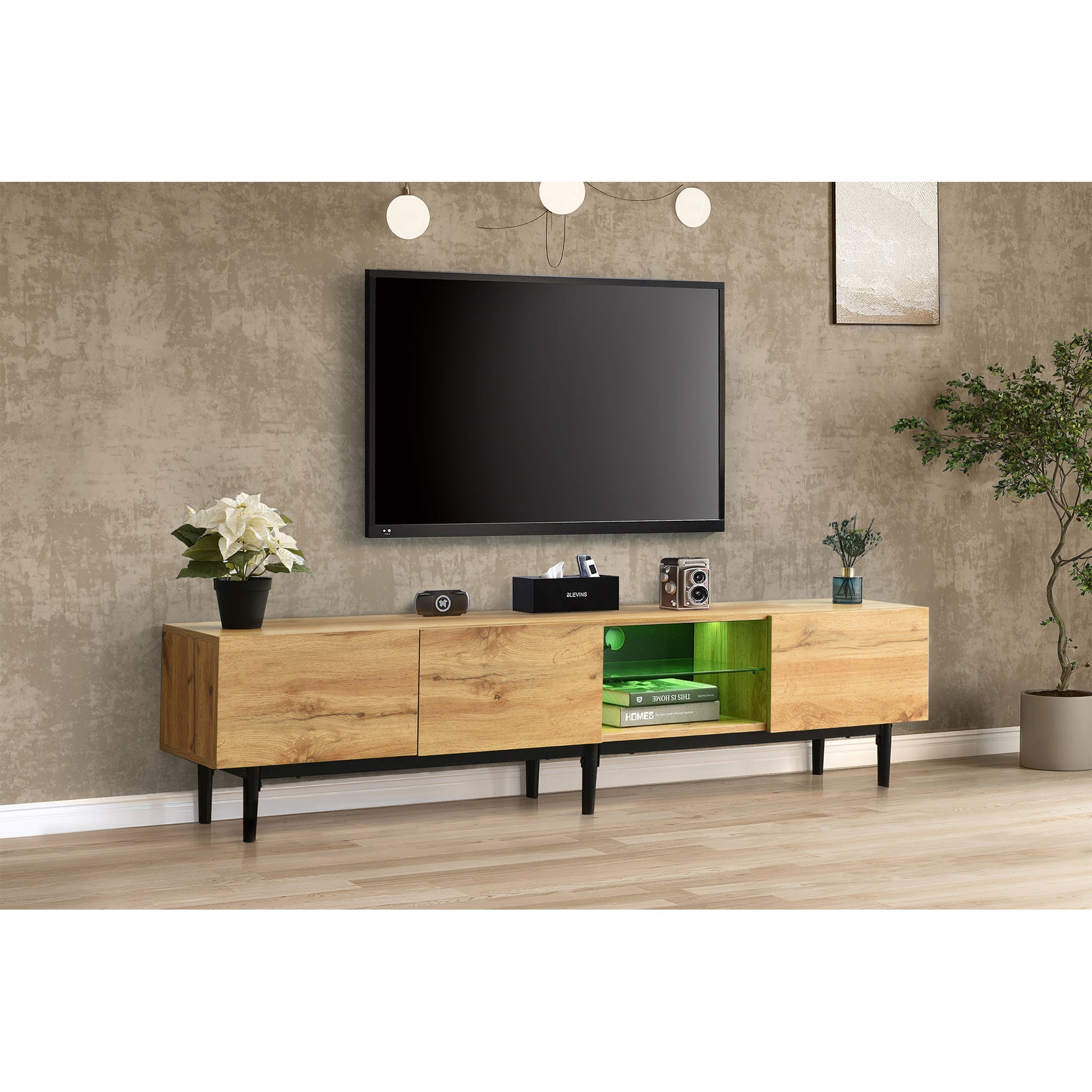 Modern Tv Stand With 4 Cabinets& Open Shelves, Color Matching Media Console Table For Tvs Up To 80'' With Led Light, Entertainment Center With Drop Down Door For Living Room, Bedroom, Home Theatre Wood Brown Primary Living Space 70 79 Inches 70 79 Inches