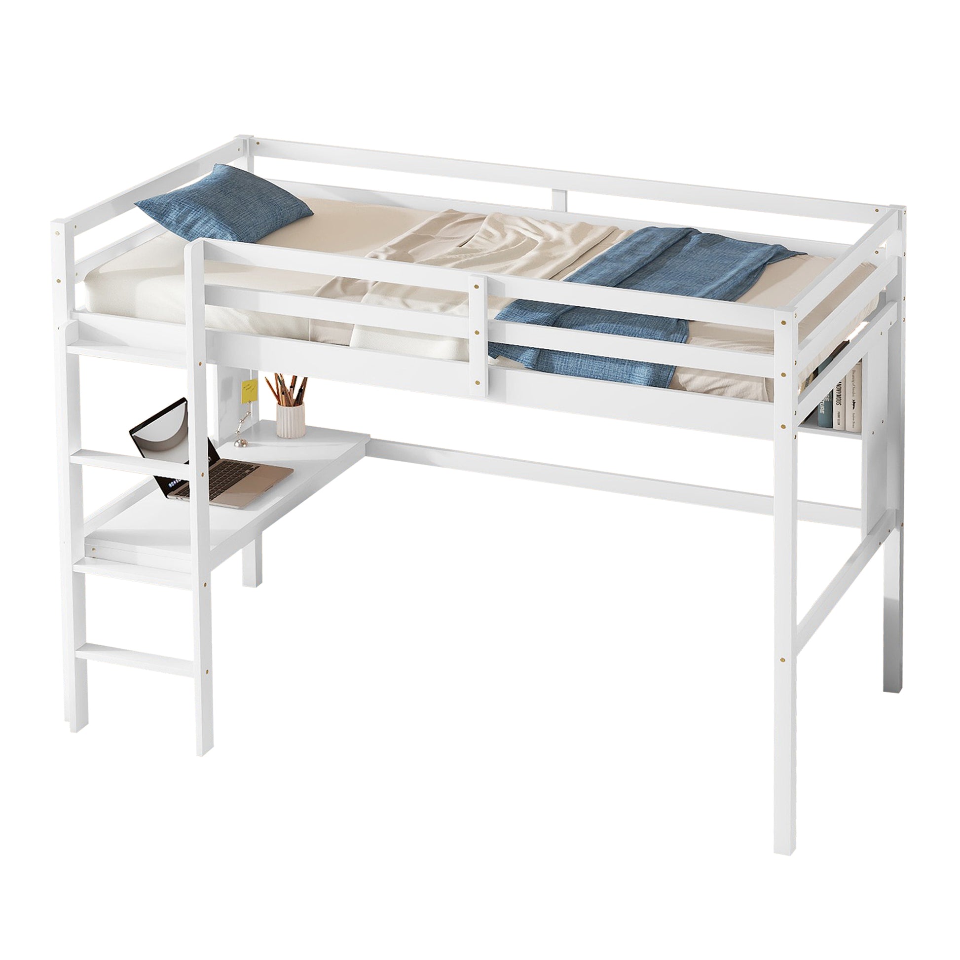 Twin Loft Bed With Built In Desk And Bookcase Of Three Compartments, Guardrails And Ladder,White Twin White Pine