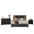 3 Pieces Bedroom Sets Queen Size Upholstered Bed With Led Lights, Nightstands And Dresser With Metal Handles And Sparkling Shiny Decoration, Black Expected Arrival Time:8.5 Queen Black 3 Piece Set Mdf Metal