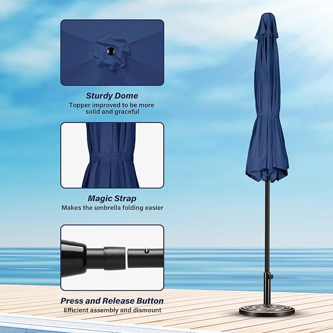 10Ft Outdoor Market Patio Umbrella With 8 Sturdy Ribs, Tilt Crank Push Button For Garden, Deck, Backyard And Pool Dark Blue Stainless Steel