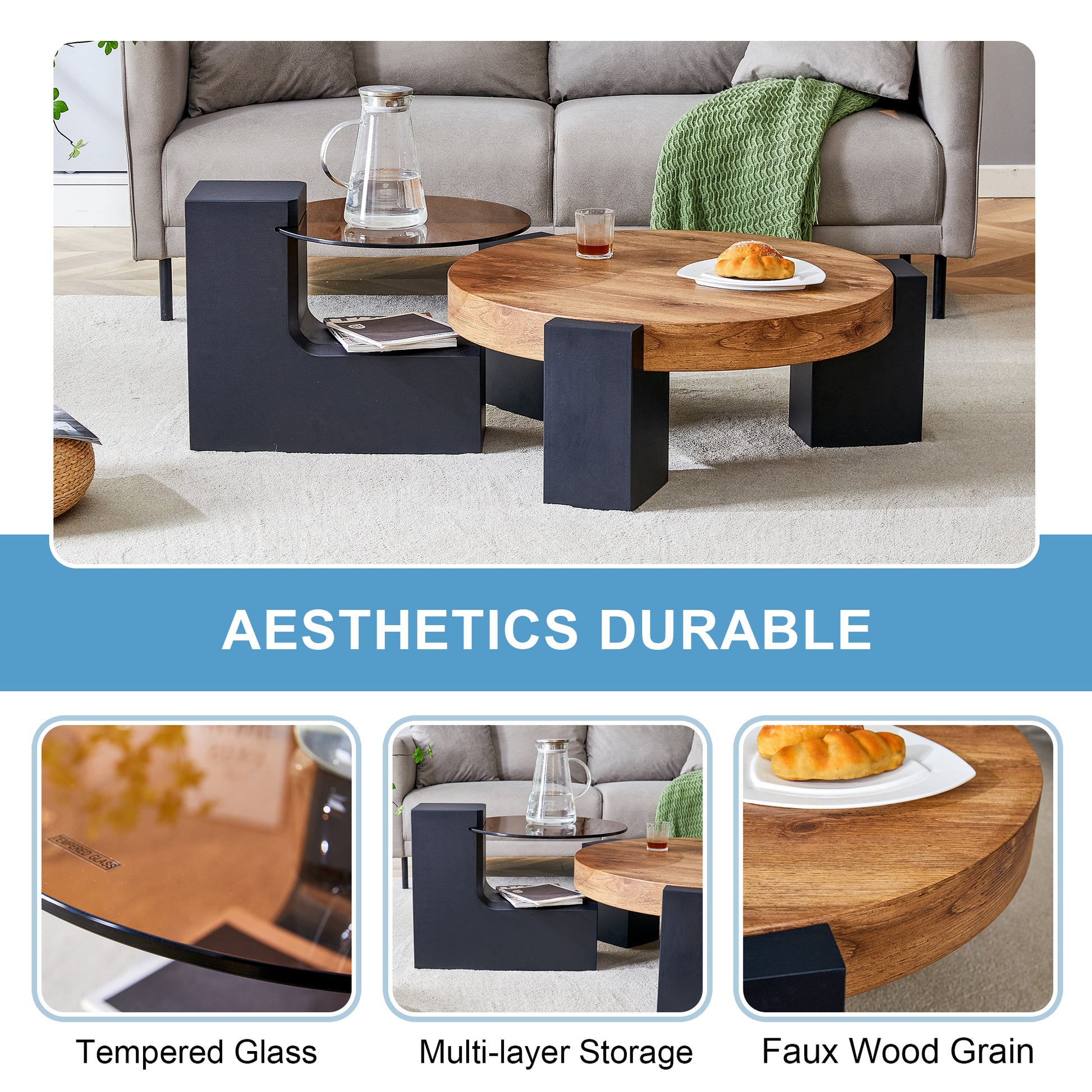 The Detachable Double Decker Coffee Table, The Stylish Design Is More Precious, And The Detachable Design Can Make The Use Of Space More Flexible And Suitable For Various Scenes. Black,Wood Mdf