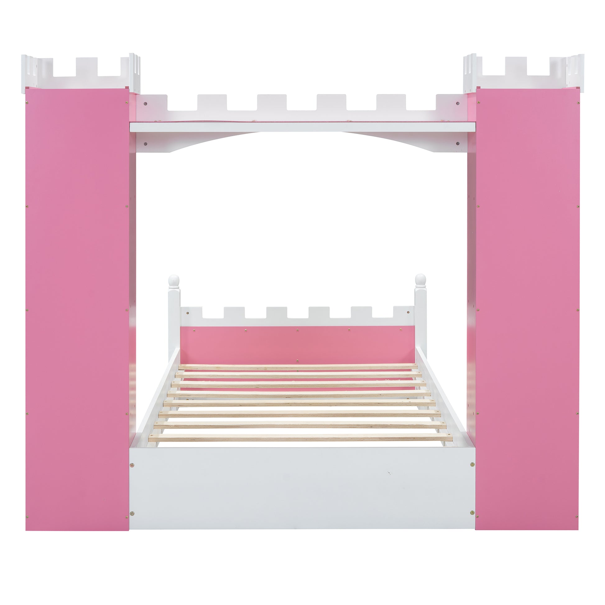 Castle Shaped Wooden Bed With Storage Shelf, Dreamy Twin Size Platform Bed For Kids Bedroom, Pink White Expected Arrival Time:8.14 Twin Pink White Wood