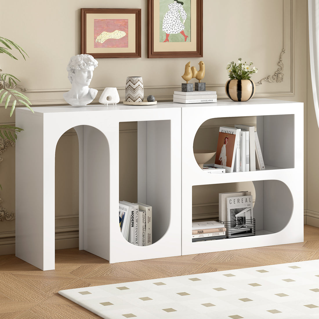 Modular Entryway Console Table With Rectangular Exterior And Curved Interior Design For Customizable Arrangements,Suitable For Study,Entrance And Living Room White Primary Living Space American