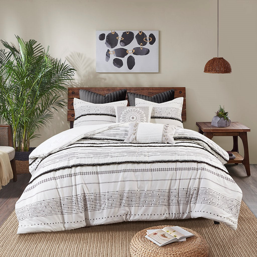 Cotton Printed Comforter Set With Trims Black White Full Queen Queen White Black Cotton