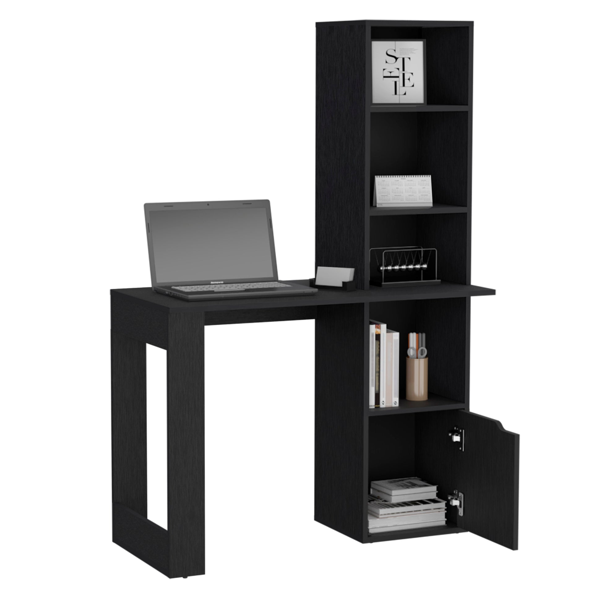 Iowa Computer Desk With 1 Cabinet And 4 Tier Bookcase Black Computer Desk Office Modern Rectangular Open Storage Desk Rectangular Particle Board Engineered Wood