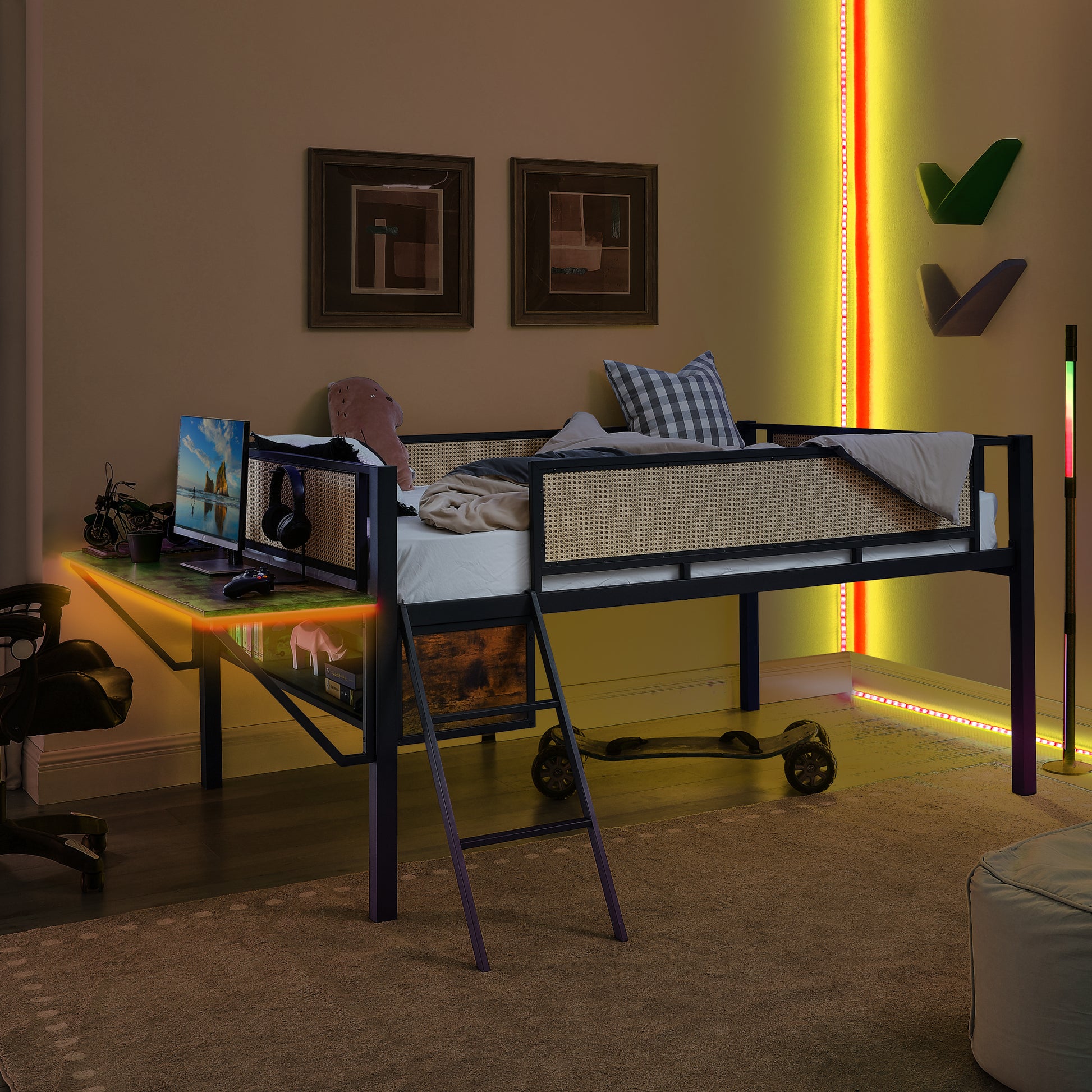 Single Metal Loft Bed With Rectangular Desk, Led Lights, Led Loft Bed Frame Double Bed With Storage Shelves And Hanging Storage Compartments, Safety Guard And Ladder, No Box Springs Required, Rattan G Full Black Brown Mdf Iron