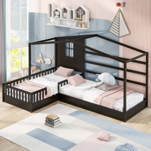 Wood House Bed Twin Size, 2 Twin Solid Bed L Structure With Fence And Slatted Frame, Espresso Twin Espresso Plywood