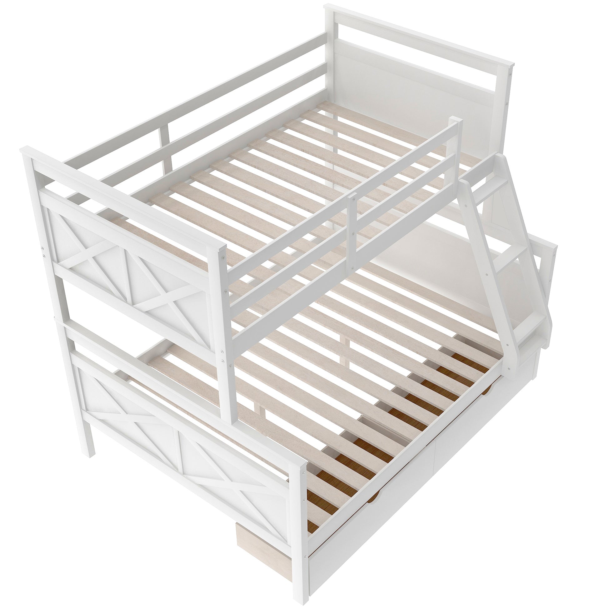 Twin Over Full Bunk Bed With Ladder, Two Storage Drawers, Safety Guardrail, White Twin Box Spring Not Required White Bedroom Bunk Pine