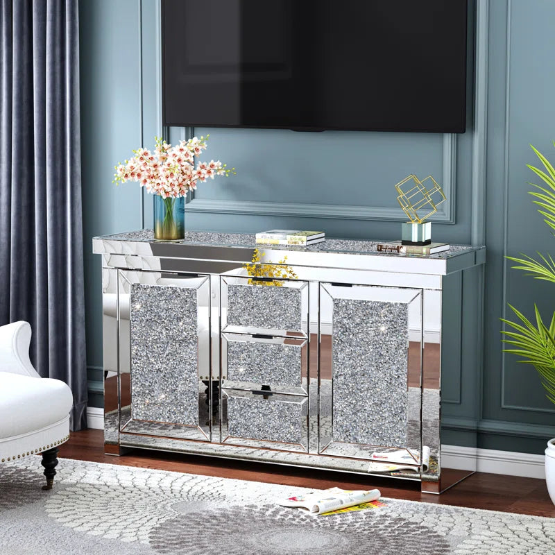 57" Wide 3 Drawer Mirrored Glass Sideboard Silver Kitchen Luxury,Modern Cabinets Included Mdf Glass,Mirror