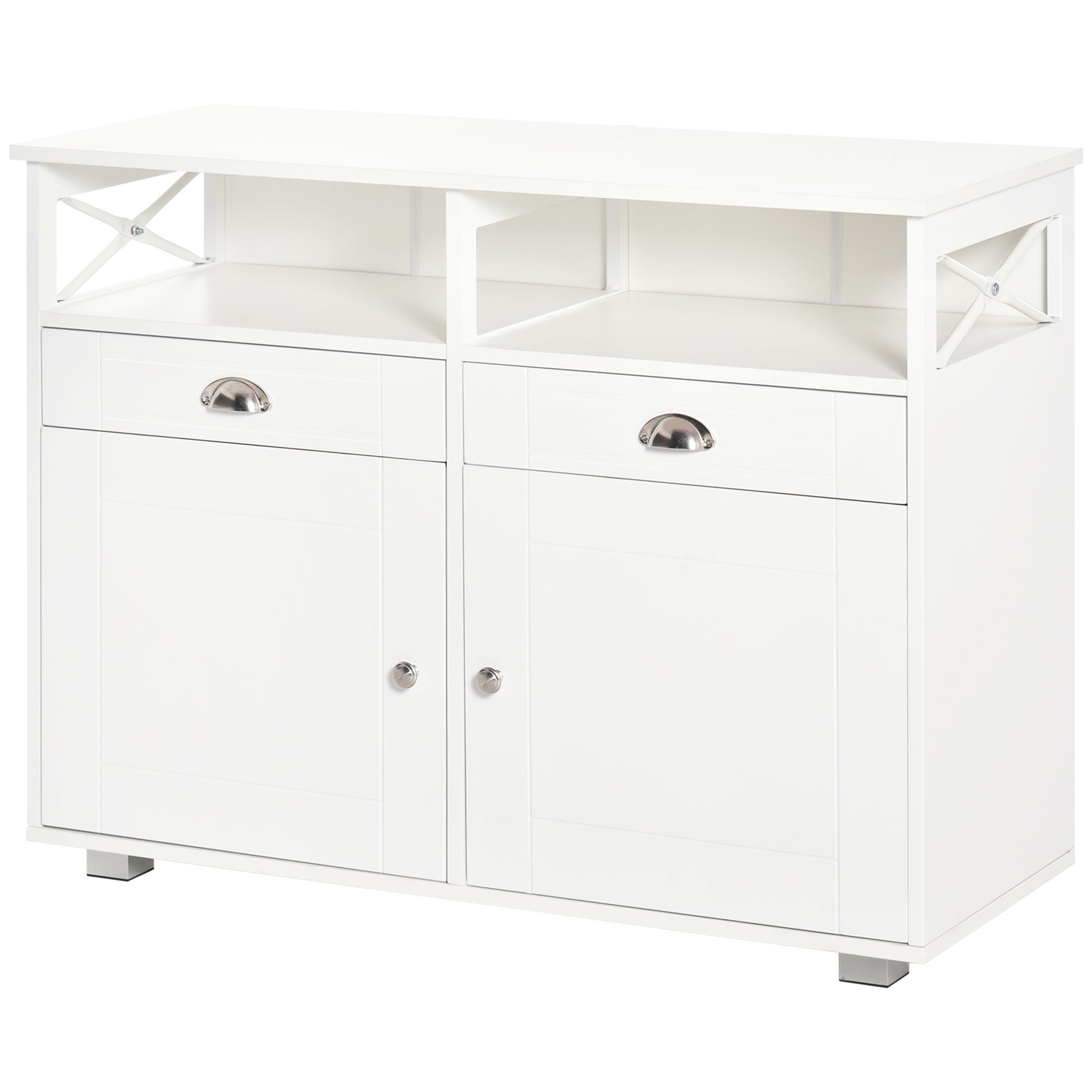 Homcom Sideboard Buffet Cabinet, Coffee Bar Cabinet, Kitchen Cabinet With Storage Drawers, Large Tabletop And Crossbar Side Design, White White Mdf