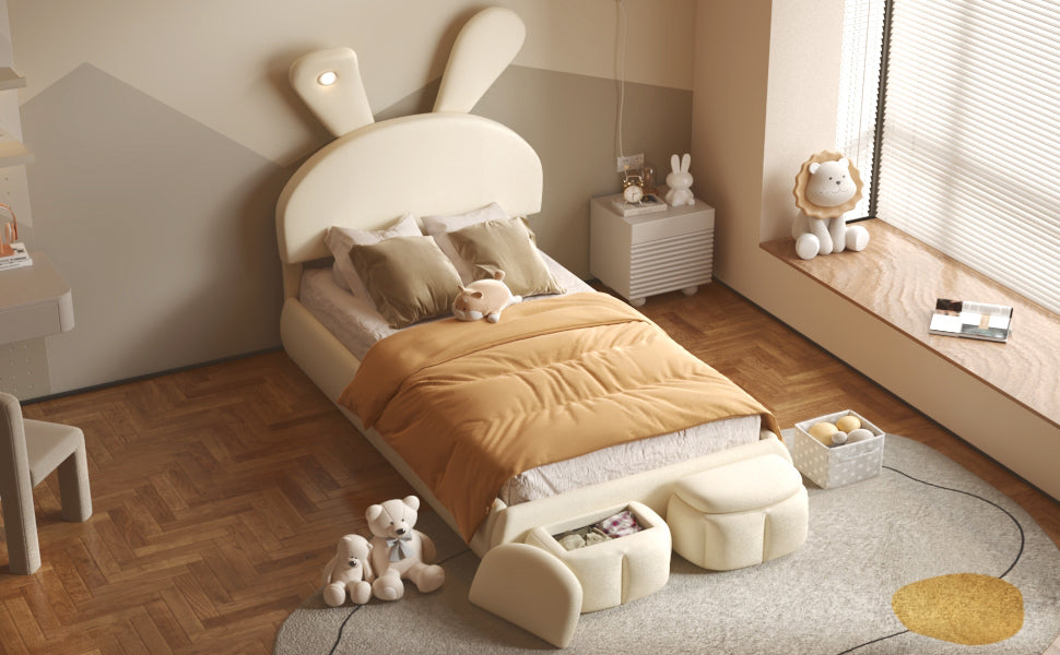 Twin Size Upholstered Platform Bed With Cartoon Ears Shaped Headboard And Light, Beige Box Spring Not Required Twin Beige Wood Bedroom Bed Frame Velvet Upholstered