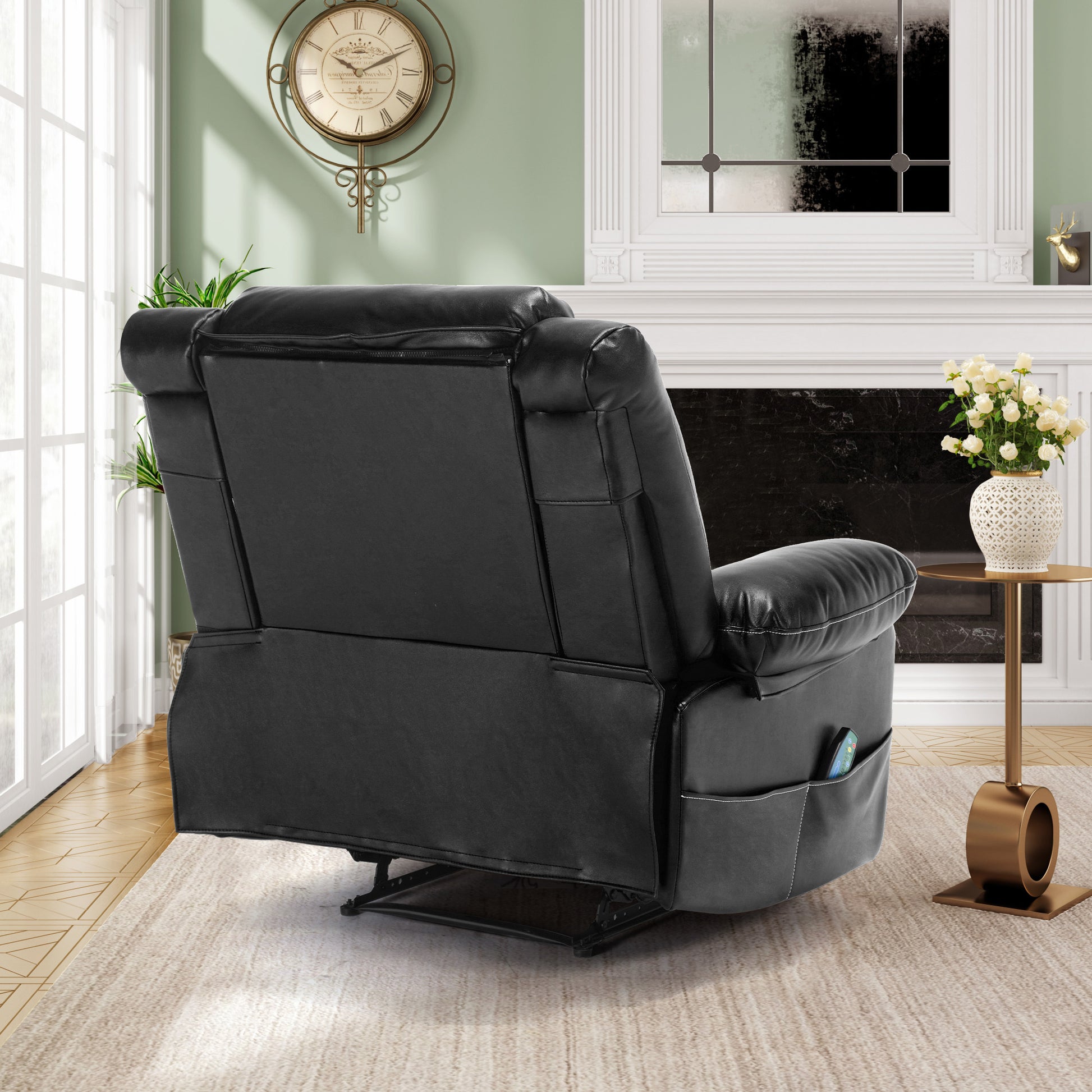 Leather Massage Recliner Chair Manual Living Room Reclining Sofa Black Faux Leather Manual Handle Metal Primary Living Space Soft Cushion Back Heavy Duty American Design,American Traditional,Antique,Classic Pillow Top Arms Foam Pu Leather