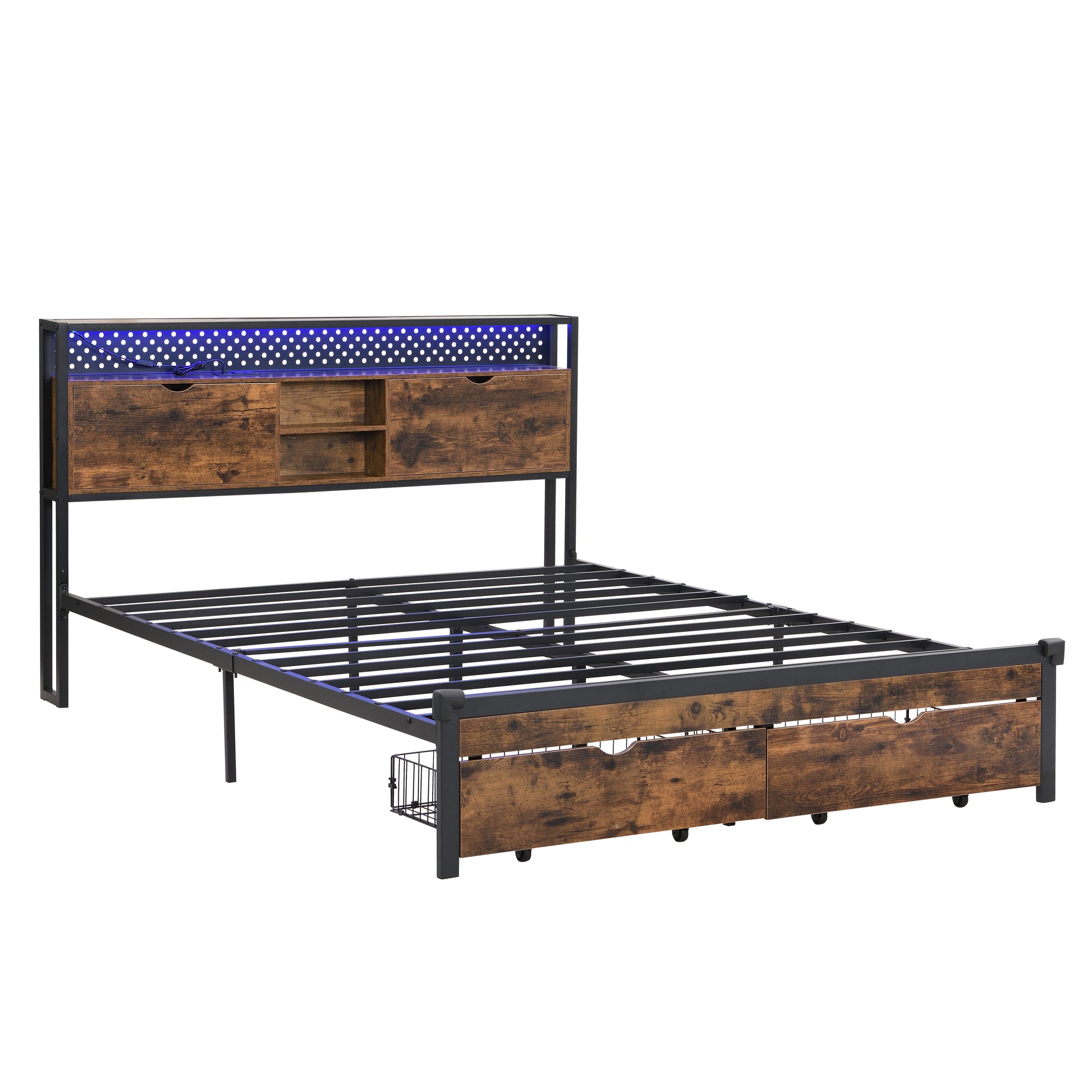 King Size Metal Platform Bed Frame With Wooden Headboard And With Footboard Usb,Charging Station,2 Drawers,Storage, Led Lights, No Box Spring Needed, Easy Assemble Black Brown Mdf Metal