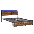 Queen Size Metal Platform Bed Frame With Wooden Headboard And With Footboard Usb,Charging Station,2 Drawers,Storage, Led Lights, No Box Spring Needed, Easy Assemble Black Brown Metal