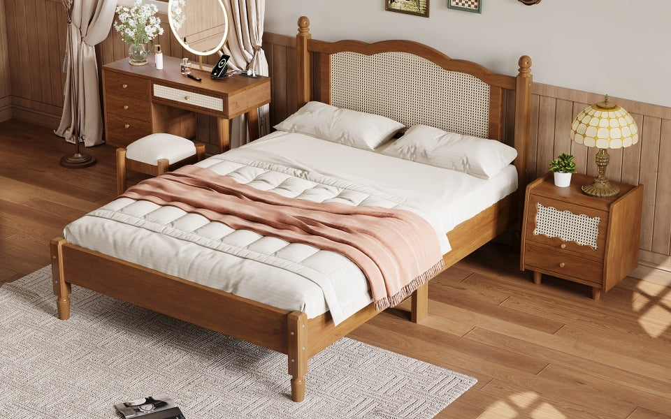 Full Size Wooden Platform Bed With Natural Rattan Headboard, Vintage Bed Frame With Wooden Slat Support, Walnut Expected Arrival Time: 08.23 Box Spring Not Required Full Walnut Wood