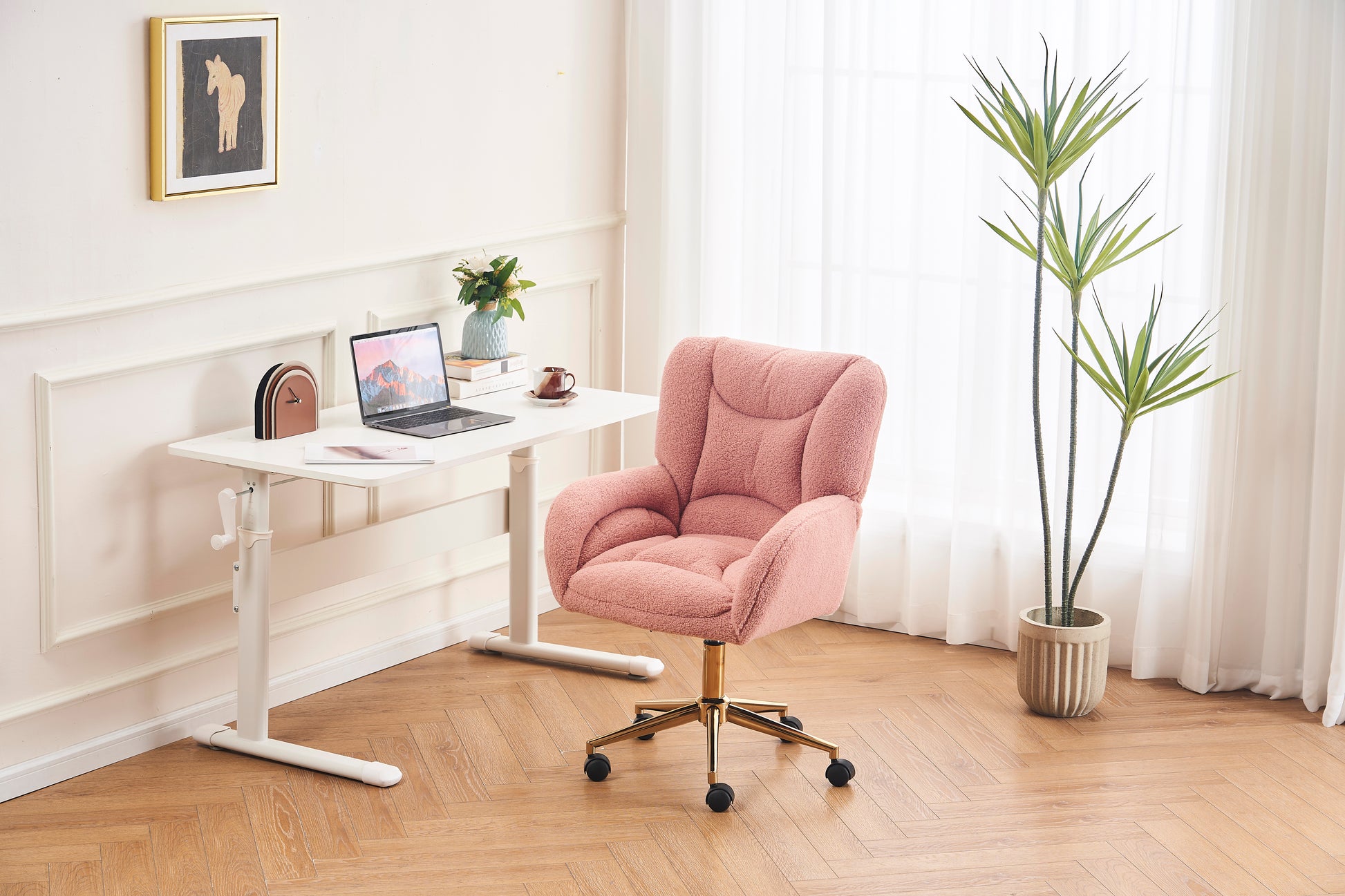 005 Teddy Fabric 360 Swivel Home Office Chair With Gold Metal Base And Universal Wheels,Pink Solid Pink Office Sponge Wipe Clean Modern Office Chairs Tufted Back Foam Swivel Teddy