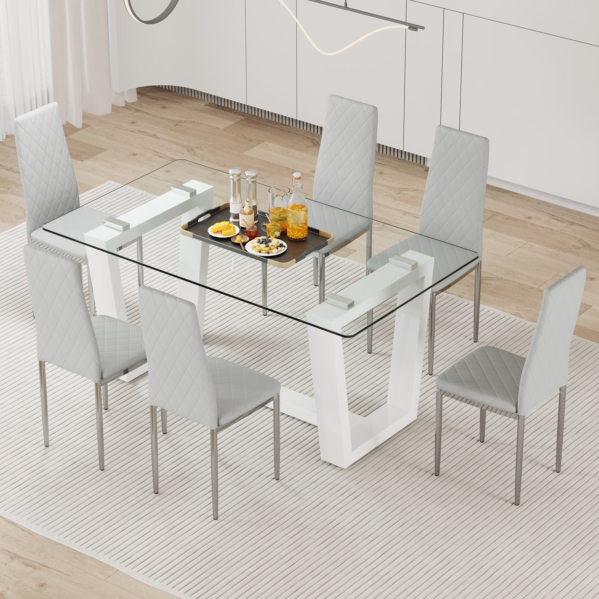 Table And Chair Set.A Rectangular Dining Table Features With Tempered Glass Top And Sleek White Mdf Stand.Paried With 6 Pu Chairs With Checkered Armless High Back And Electroplated Metal Legs. Light Gray,White Seats 6 Mdf Glass