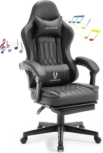 Gaming Chair With Speakers, High Back Computer Chair With Footrest, Lumbar Support And Headrest, Big And Tall Gamer Chairs With Heavy Duty Base Linkage Armrests For Adults Nylon Black Foam Faux Leather