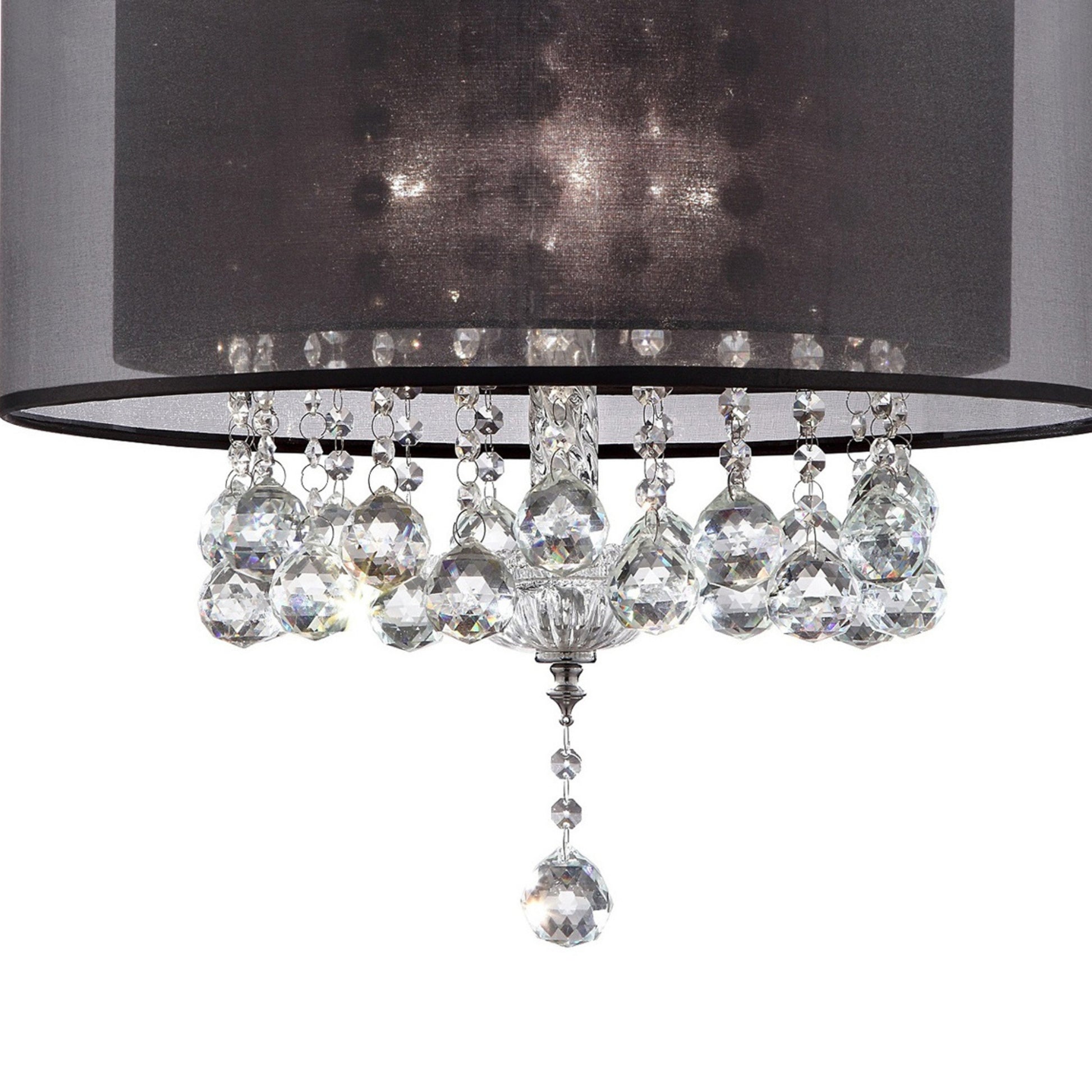 19" Tall Ceiling Lamp "Effleurer", Silver And Crystal Accents, Black Shade Multicolor Metal