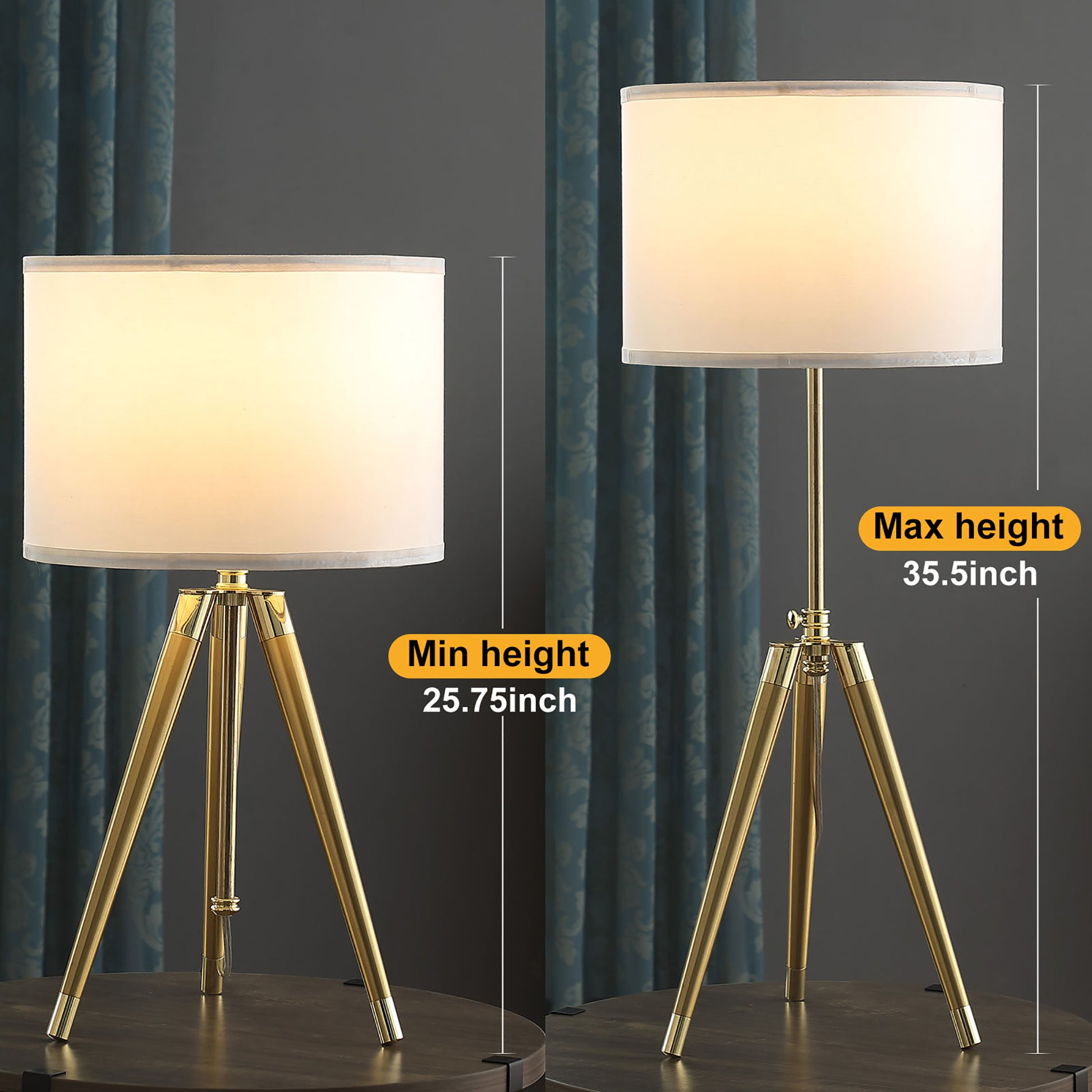 35.5" 25.75"H Adjustable Hieght Brass Shiny Gold Modern Tripod Table Lamp For Living Room, Nightstand Bedside Table Lamp For Bedroom, Led Lamp Gold White Fabric Metal