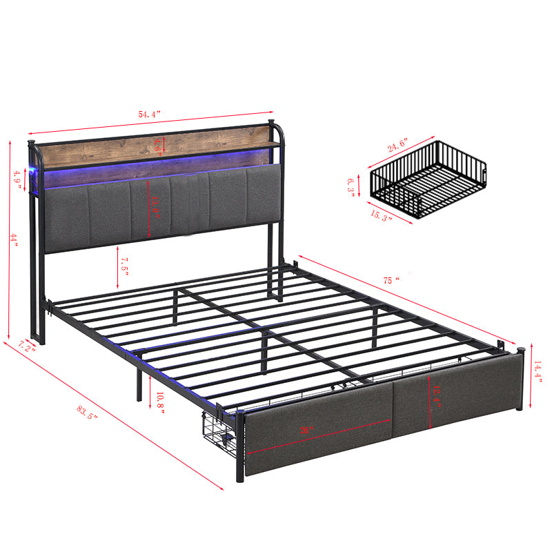 Full Bed Frame, Storage Headboard With Charging Station, Solid And Stable, Noise Free, No Box Spring Needed, Easy Assembly Full Black Brown Grey Mdf Metal