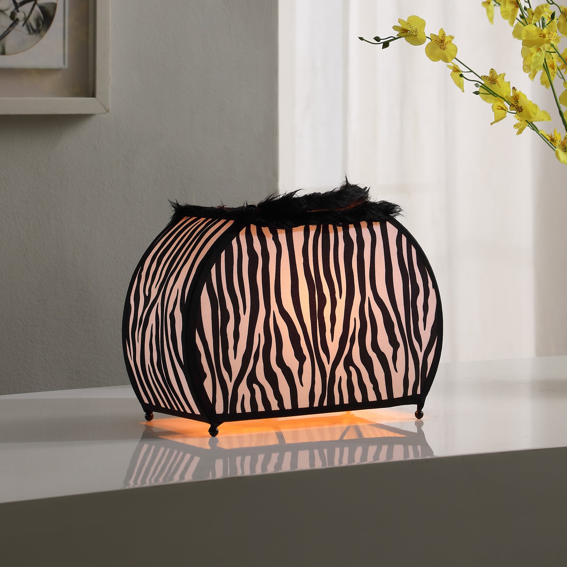 11.75" In Zebra Animal Print Purse W Black Faux Handle Table Lamp Black White Fabric Metal